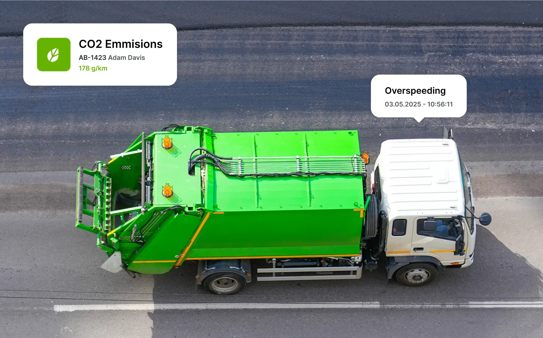 "Overhead view of a green waste truck with CO₂ emission and speed alerts, illustrating eco‑driving insights in fleet monitoring for waste management.  "