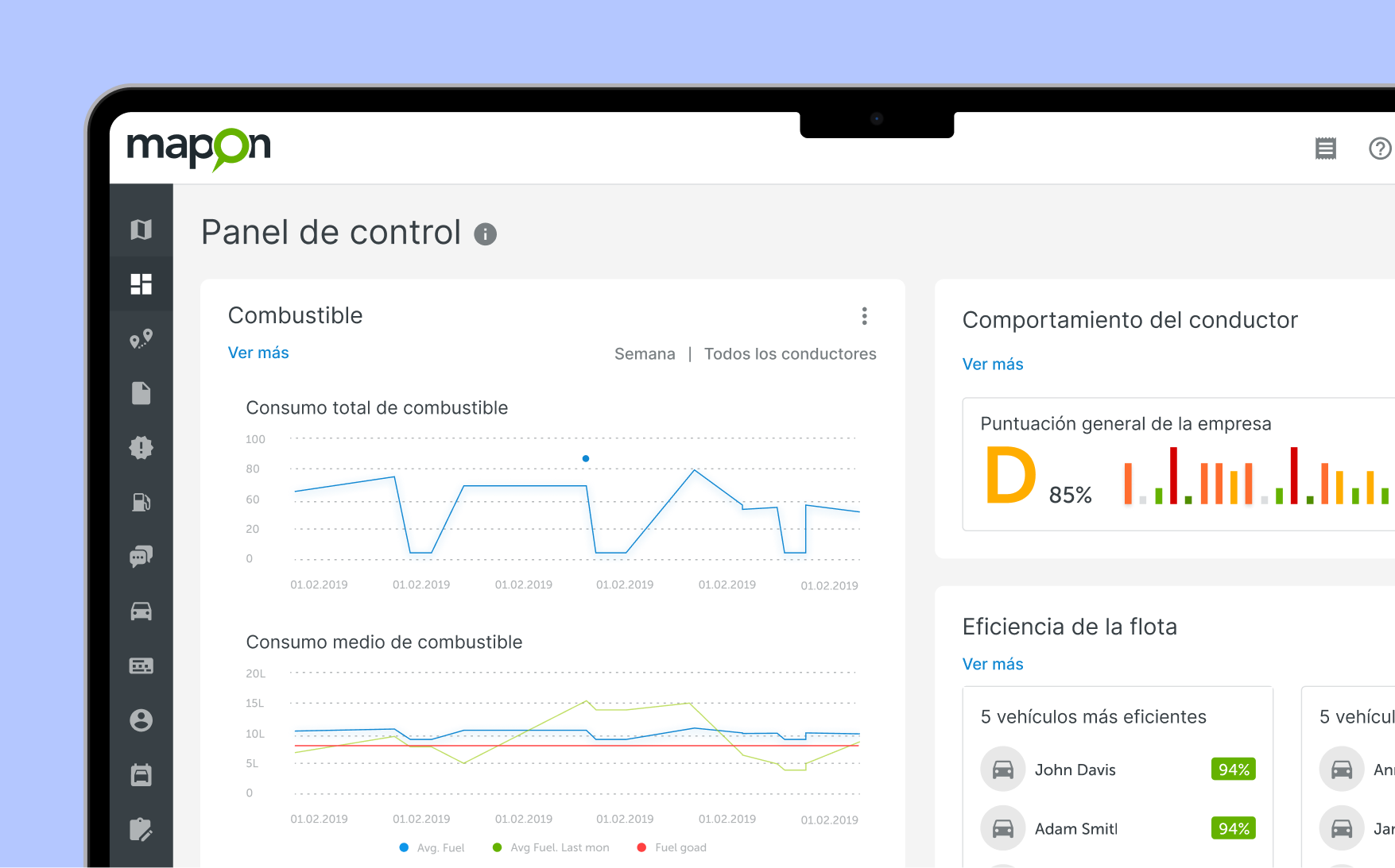Panel de Mapon mostrando el consumo de combustible, el comportamiento del conductor y métricas de eficiencia de flota para el monitoreo de flotas en la gestión de residuos.
