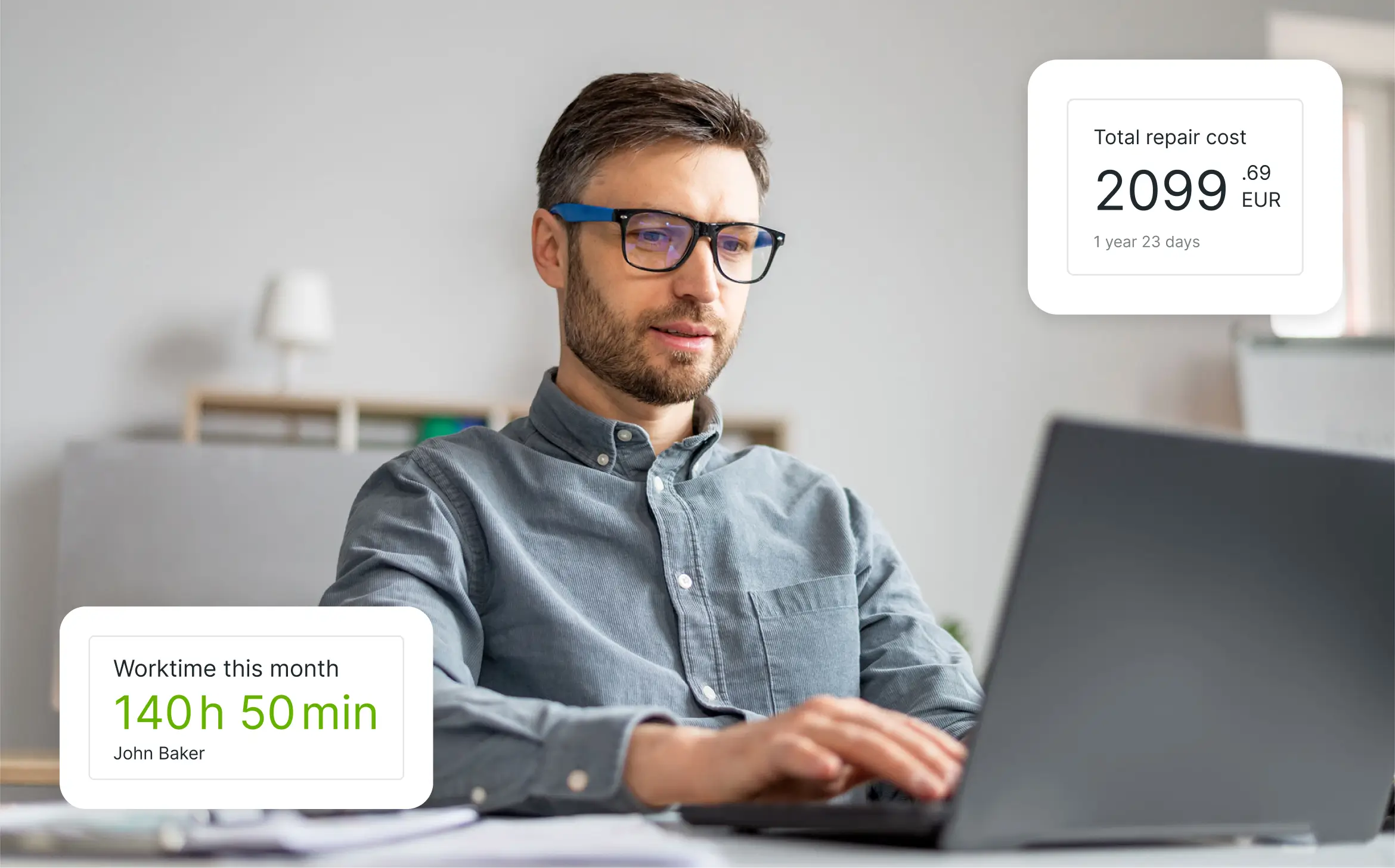 An accountant checking fleet costs in the Mapon platform, including employee working time and total repair costs of a vehicle.