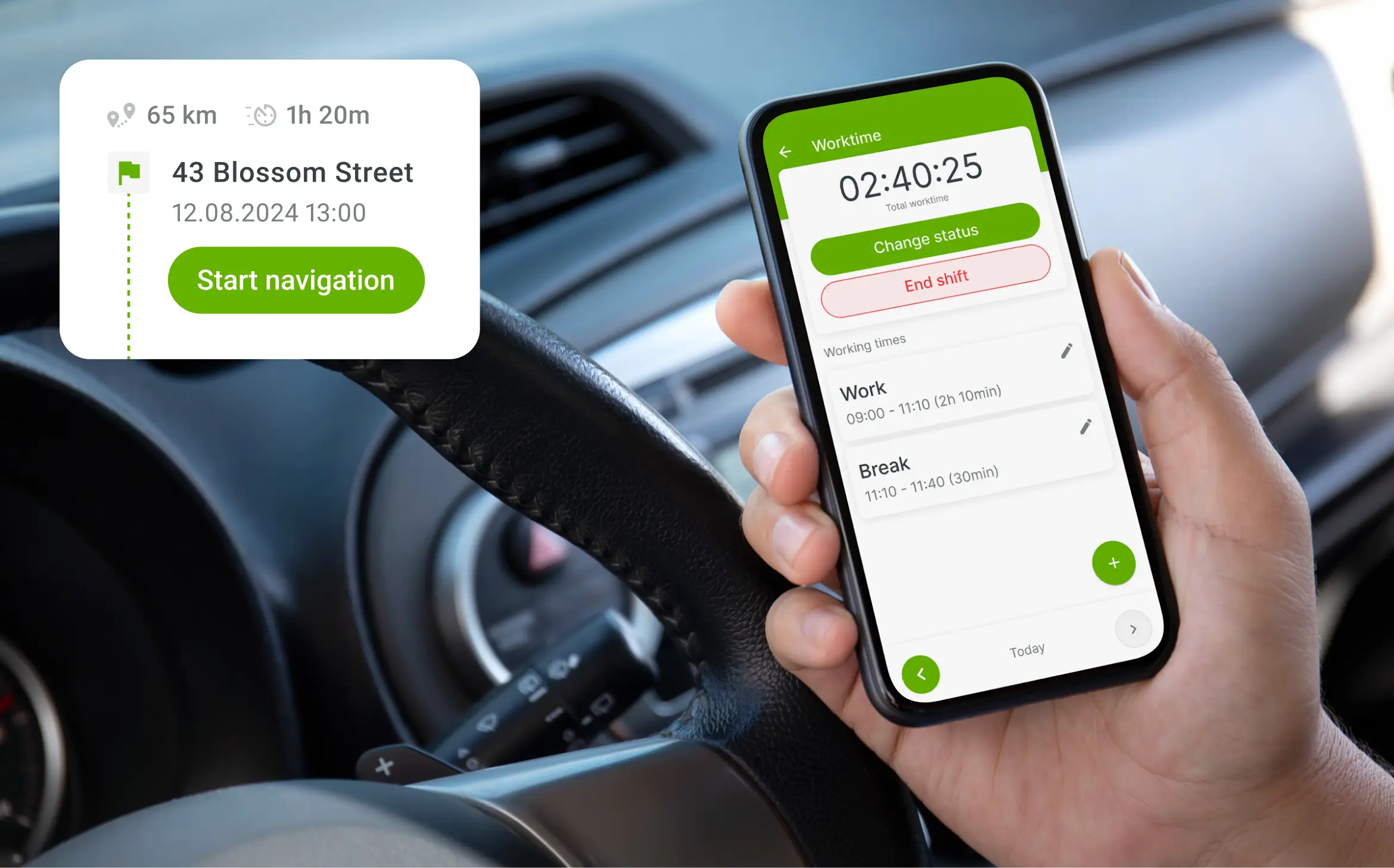 A driver sitting in the car and holding a phone that has a Mapon time tracking app on.