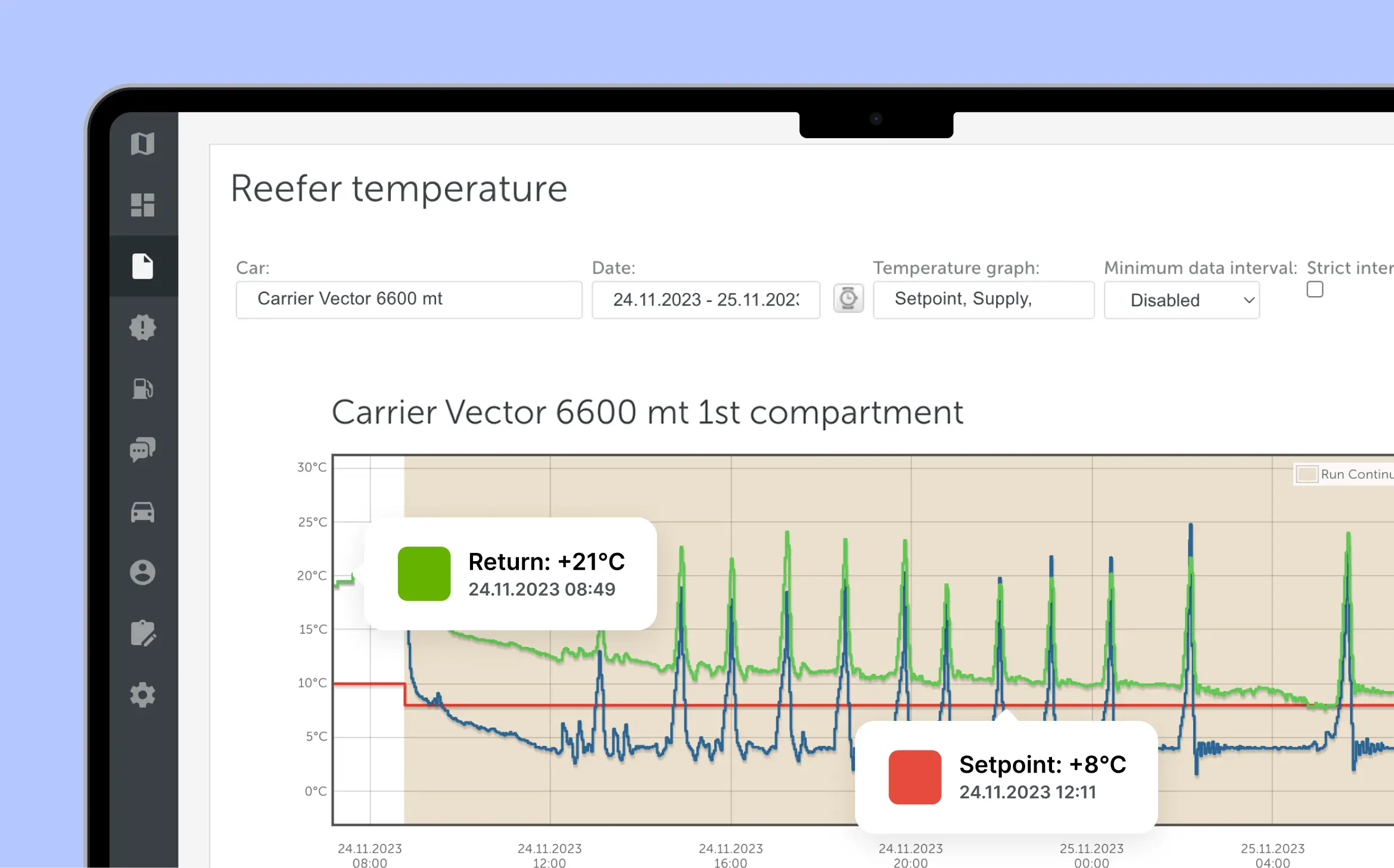 Reefer temperature section of the Mapon platform, with temperature graph readings.