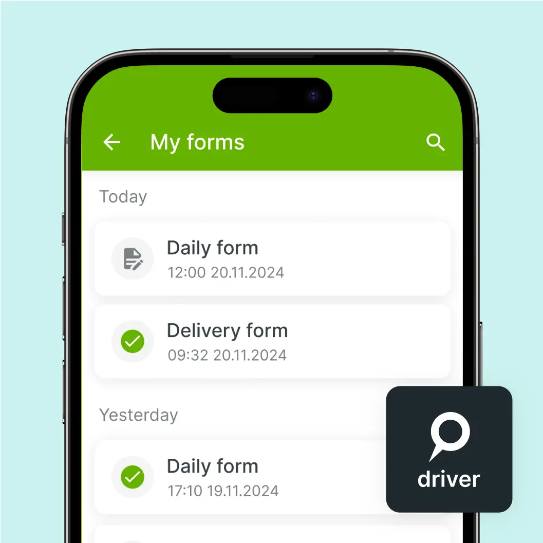 Mapon-Fahrer-App geöffnet im Abschnitt „Digitale Formulare“, in dem Mitarbeiter verschiedene Arten von Formularen ausfüllen und übermitteln können.