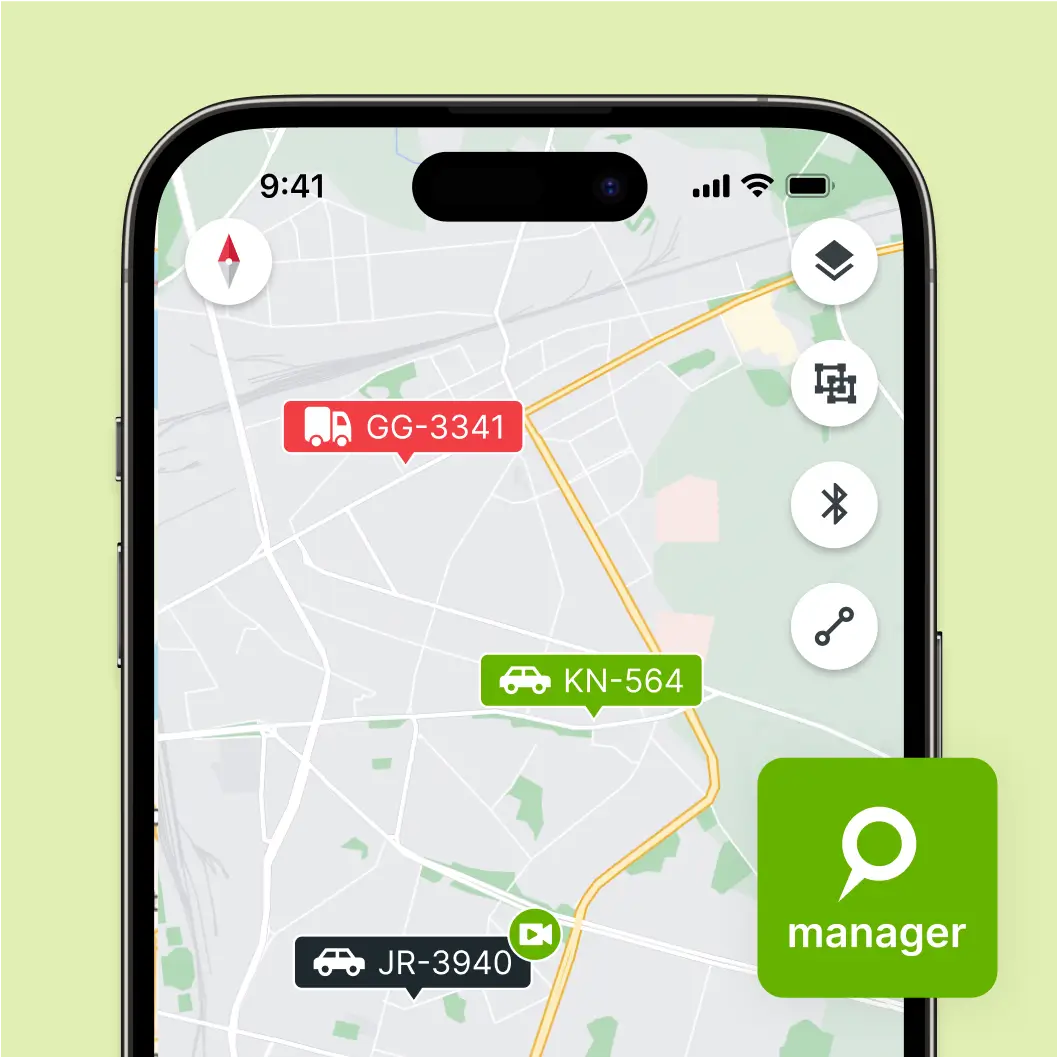 Mapon-Manager-App geöffnet im Abschnitt „Echtzeit-Tracking“ mit den Standorten aller Fahrzeuge des Unternehmens in einer Live-Karte.