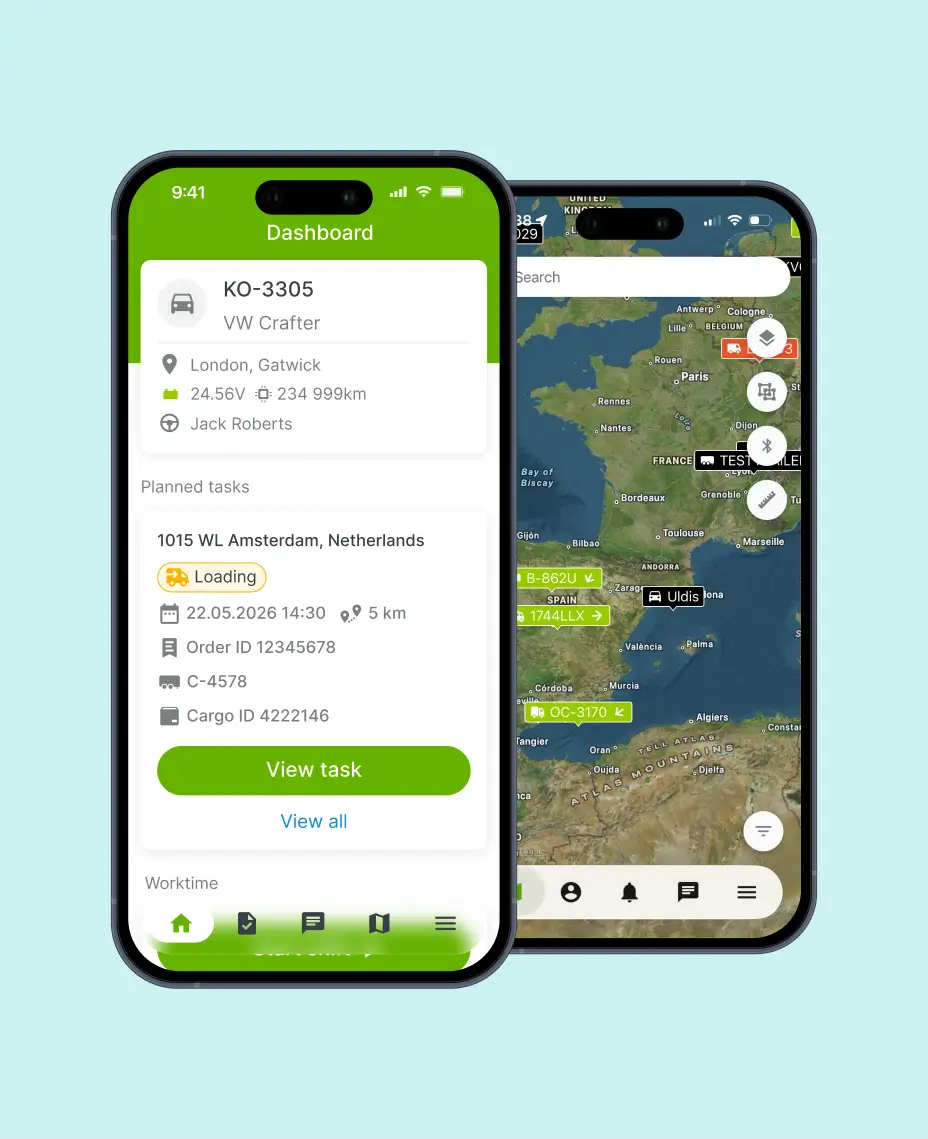 Mobilieji telefonai su atidaryta Mapon Driver programėle, su skirtingomis skiltimis.