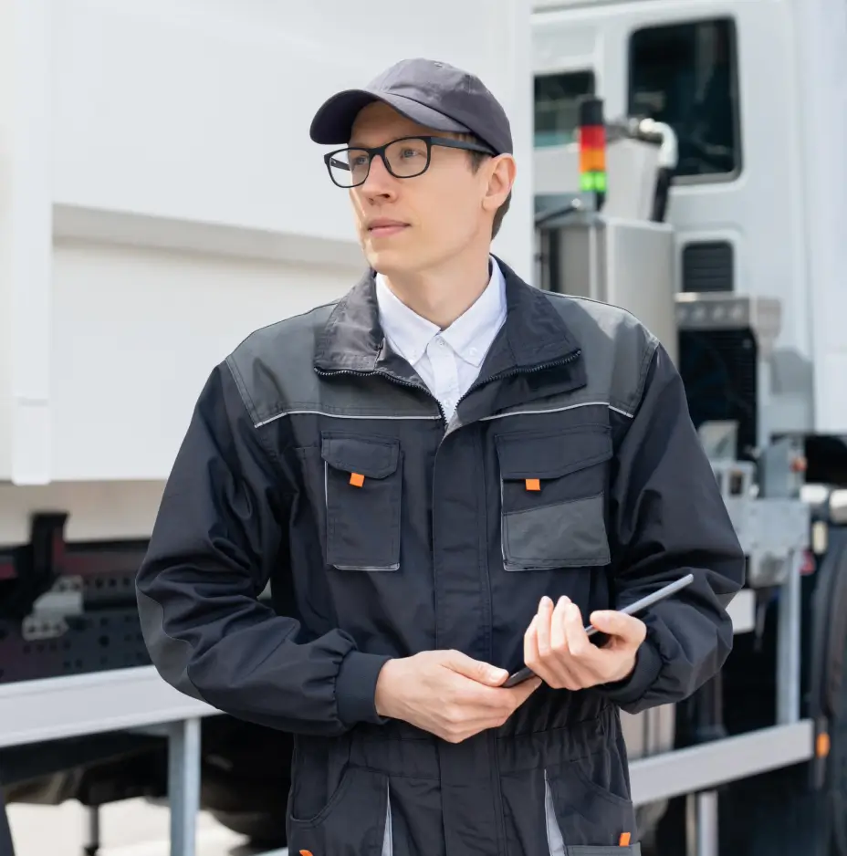 Fleet manager on-site using Mapon Manager app to inspect vehicle status