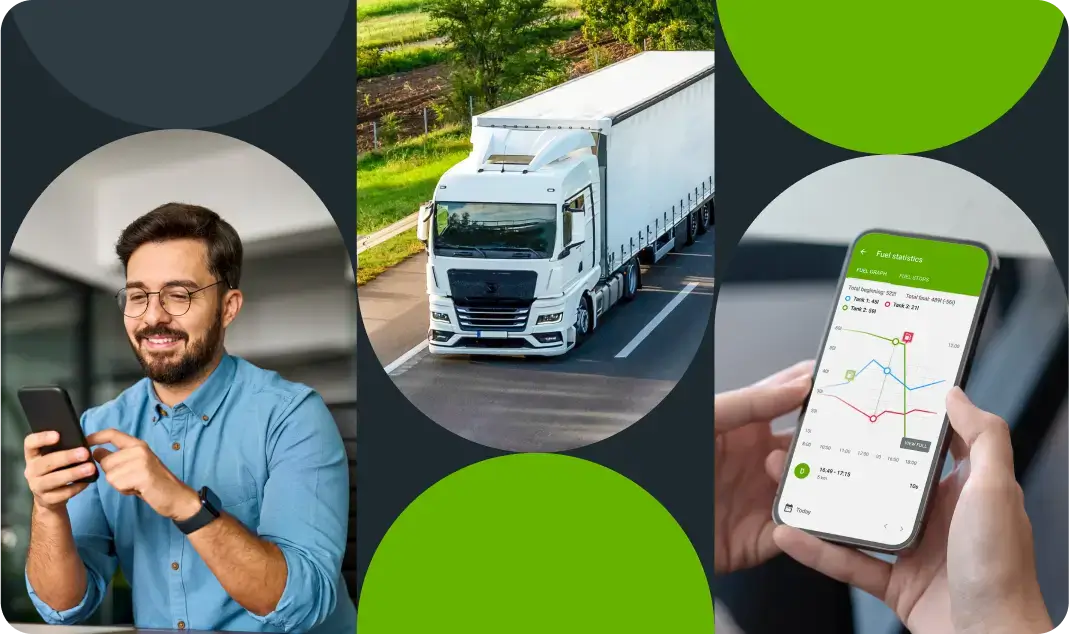 Collage, der viser en mand med en smartphone, en hvid lastbil på vejen og en telefonskærm med brændstofstatistik i Mapon-appen.