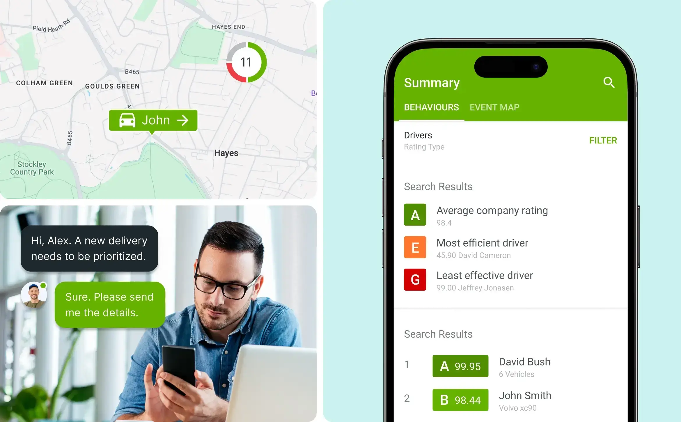 Asmuo naudoja „Mapon Manager“ programėlę išmaniajame telefone, mato tiesioginį transporto priemonės buvimo vietos žemėlapį su maršruto informacija ir vairuotojo, vardu John, duomenimis.