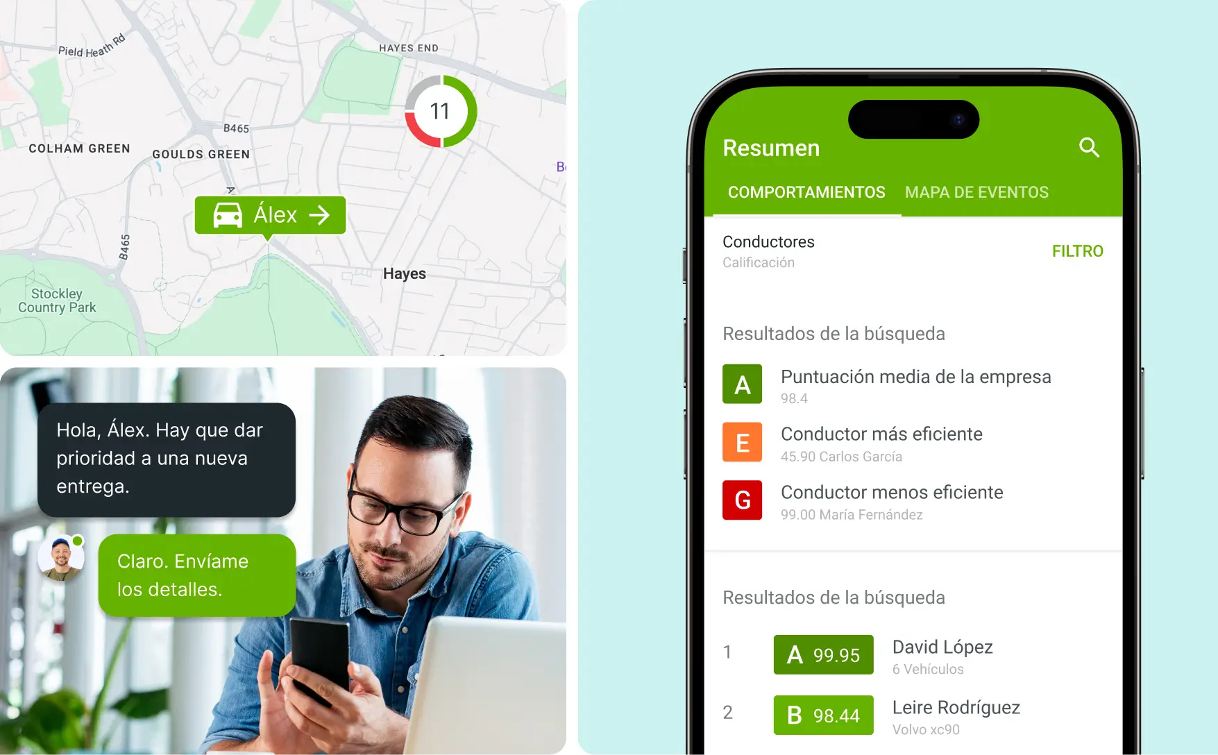 Persona usando la app Mapon Manager en su smartphone, viendo en el mapa la ubicación en tiempo real de un vehículo, con detalles de la ruta y el nombre del conductor: Carlos.