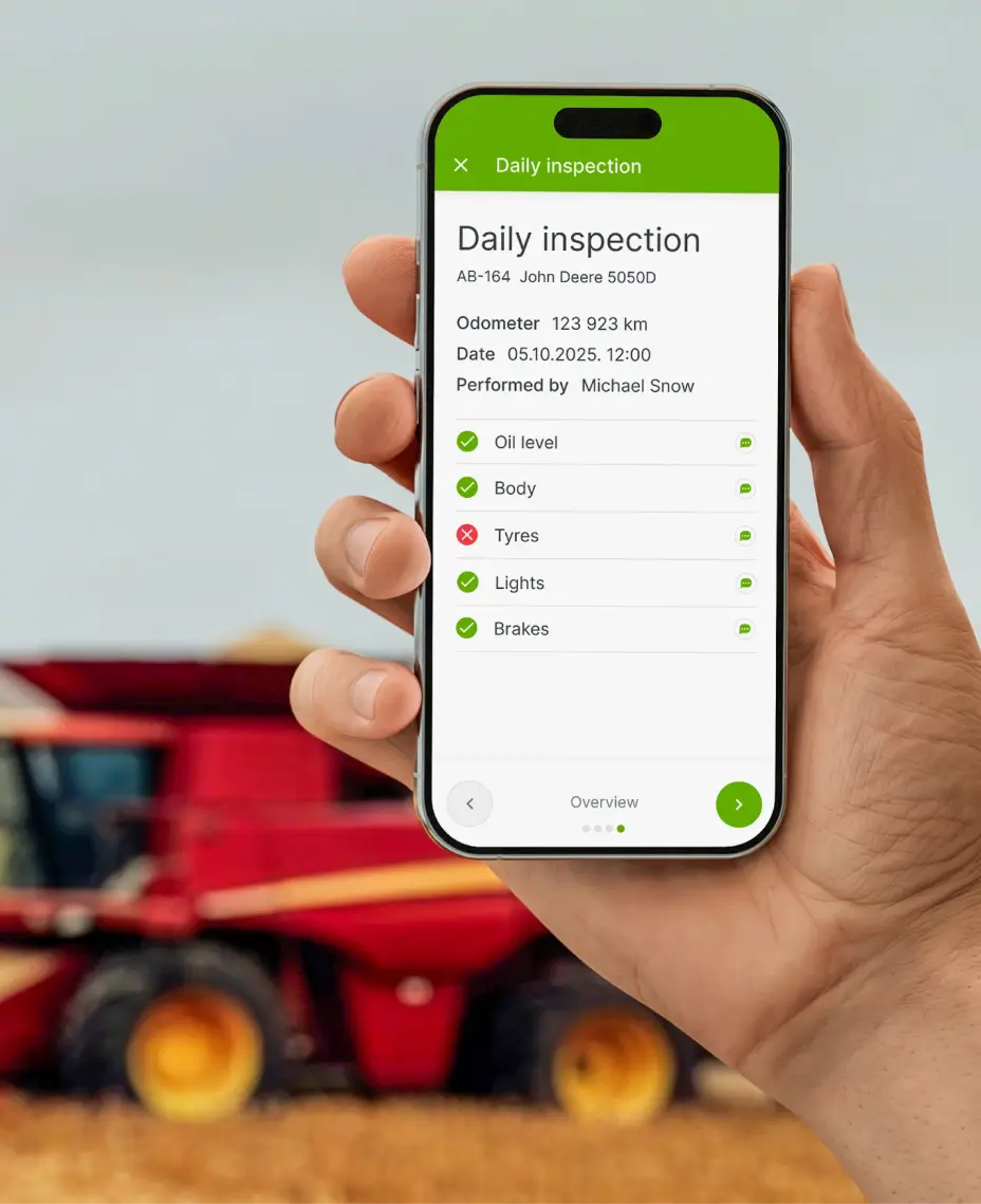 Mapon fleet inspection app shows the equipment maintenance checklist for agricultural tractors and highlights the tyre issue.