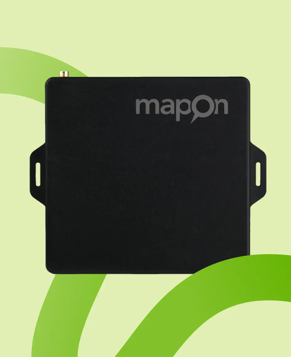 Mapon Expert GPS tracking device for agriculture fleet management and equipment data logging, shown on a branded background.