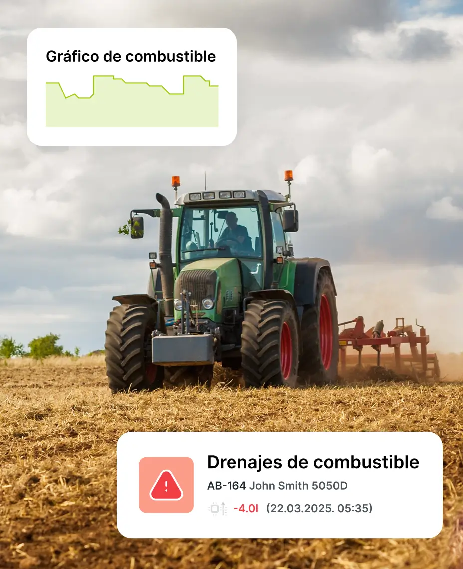 El tractor está en el campo con una superposición gráfica de seguimiento de flotas que muestra un gráfico de consumo de combustible y una alerta automática de drenaje de combustible, utilizada para el monitoreo remoto de flotas en agricultura.