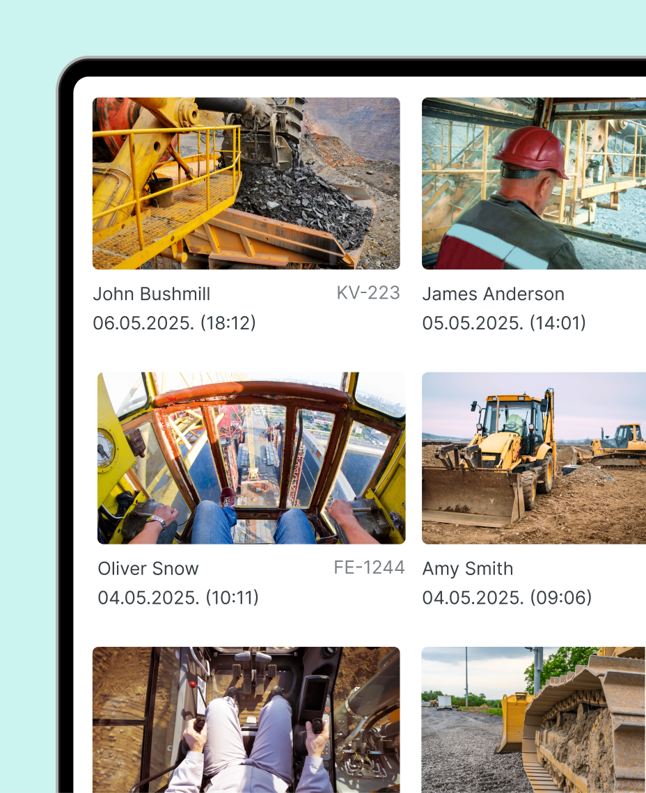 Interface showing a fleet camera footage library with driver names, vehicle IDs, timestamps, and preview images from various construction vehicles.