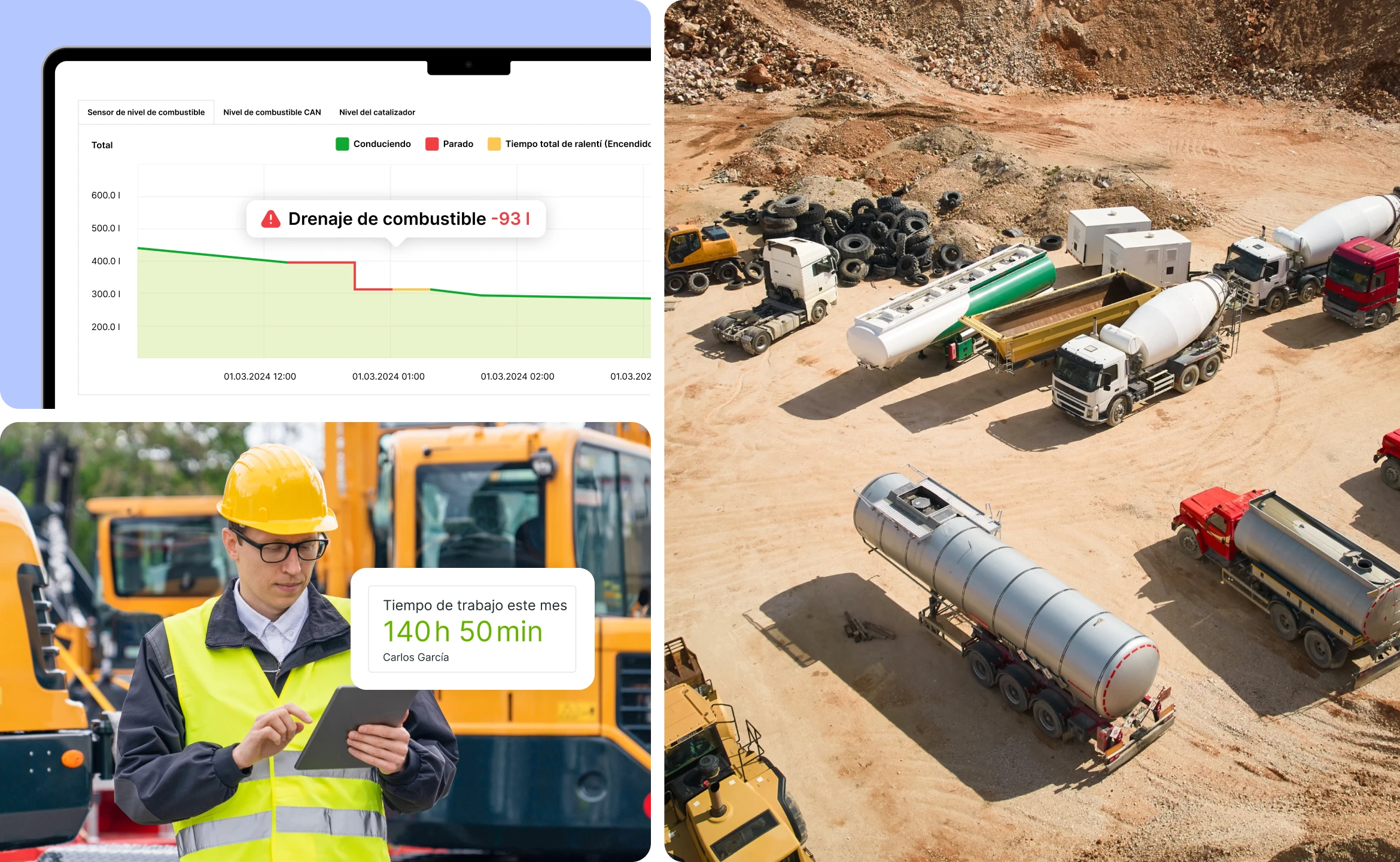 Imagen compuesta que muestra las soluciones de Mapon para el sector construcción, incluyendo control de combustible, rastreo de equipos, registro de jornada laboral y visibilidad de vehículos en obra.