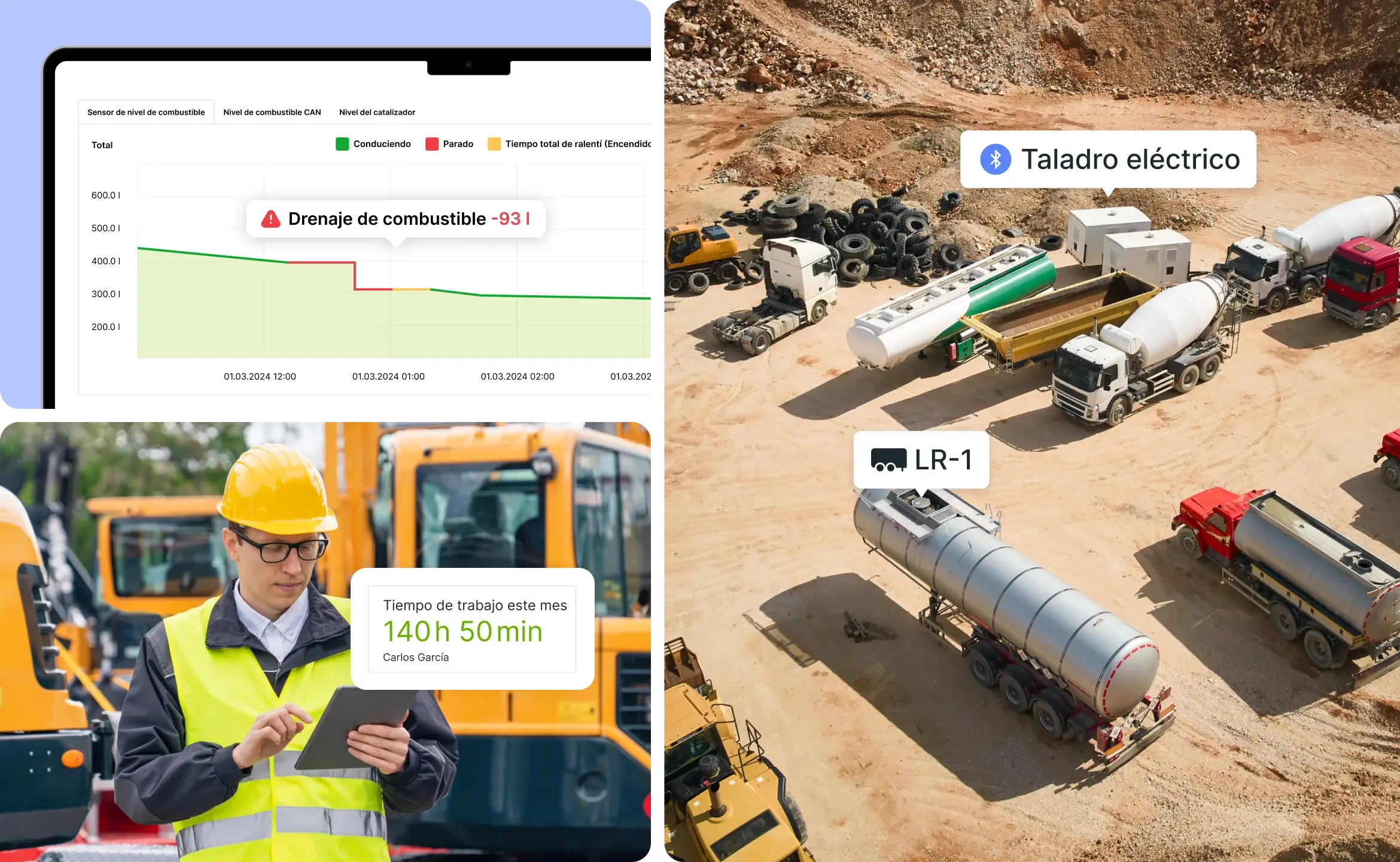 Imagen compuesta que muestra las soluciones de Mapon para el sector construcción, incluyendo control de combustible, rastreo de equipos, registro de jornada laboral y visibilidad de vehículos en obra.