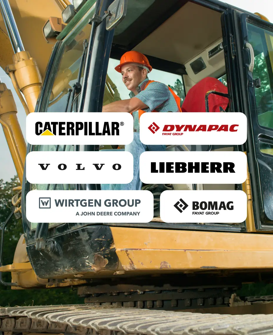 Operario manejando maquinaria pesada, con logotipos superpuestos de fabricantes líderes como Caterpillar, Dynapac, Volvo, Liebherr, Wirtgen Group y Bomag.