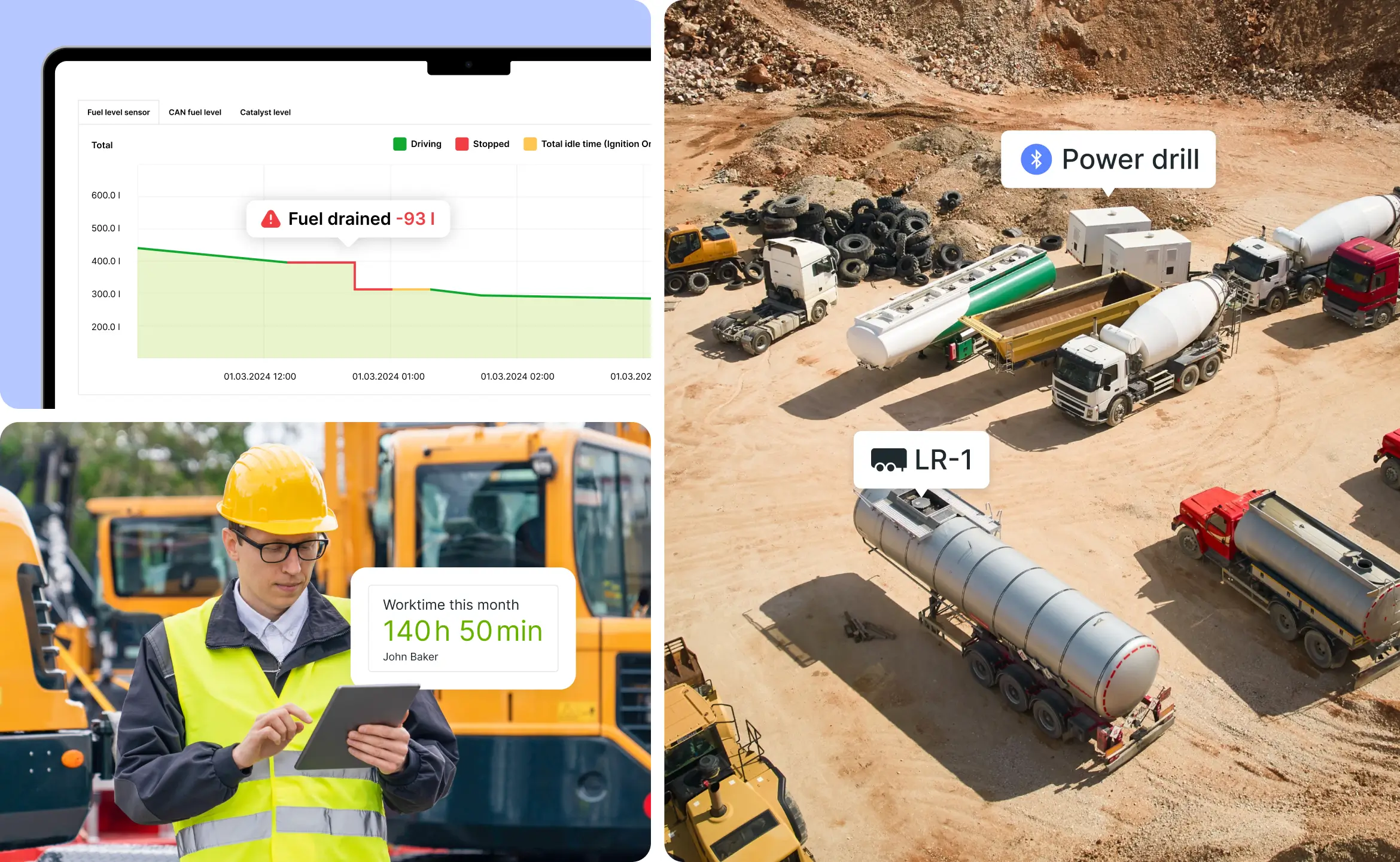 Composite image showing Mapon fleet solutions for the construction industry, including fuel monitoring, equipment tracking, worktime logging, and site vehicle visibility.