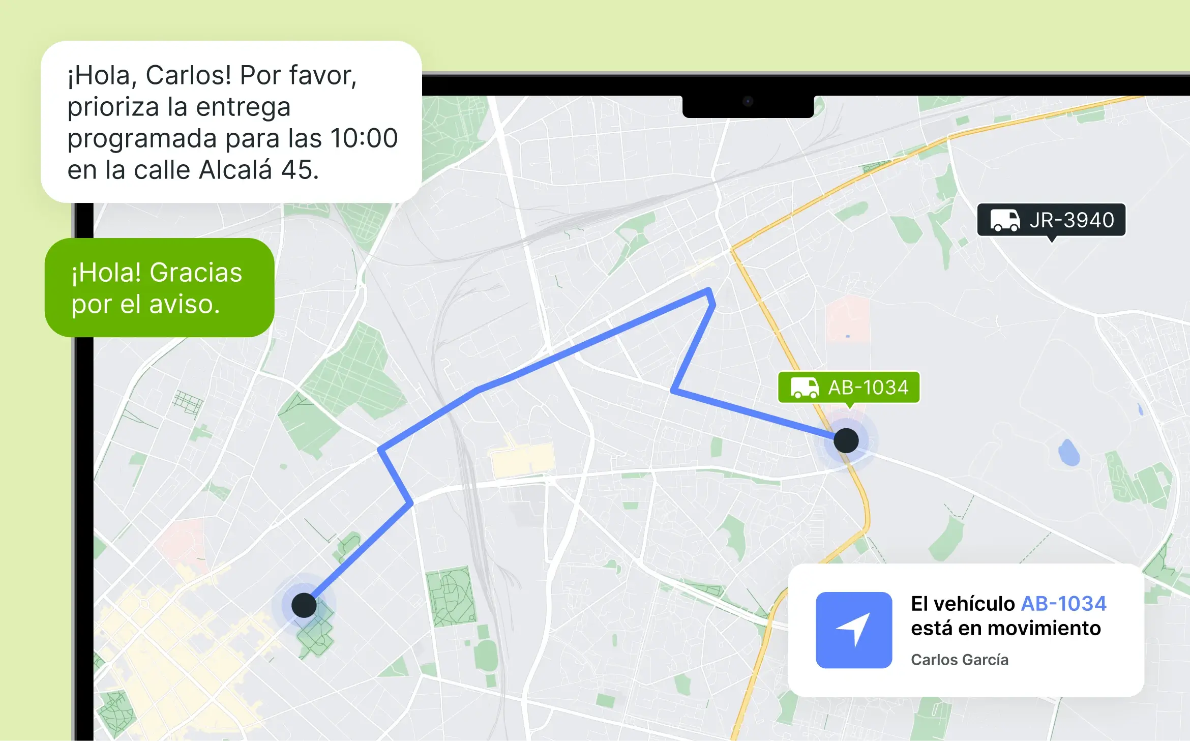 Mapa en tiempo real en la plataforma de gestión de flotas de Mapon que muestra la ubicación del vehículo de reparto y las instrucciones de entrega.