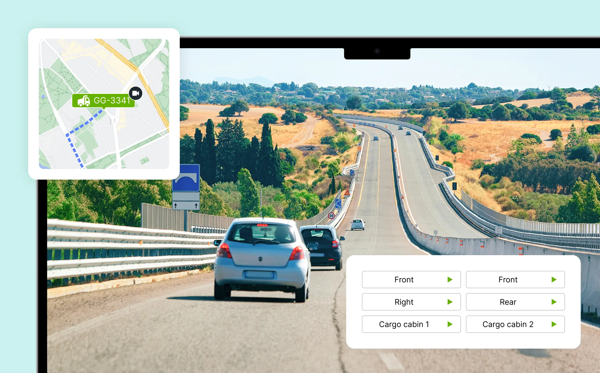 Коллаж со скриншотом живого видео и GPS-картами на платформе Mapon – демонстрирует, как работают эффективные видеорегистраторы для автопарка.