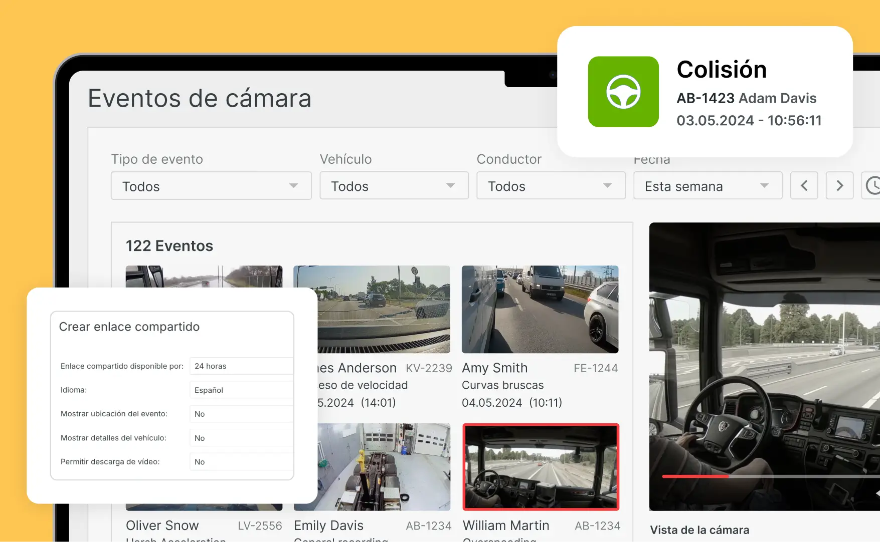 Captura de pantalla de un informe de sucesos automatizado en el software de gestión de cámaras de flota Mapon, que muestra sucesos como colisiones detectadas por las cámaras de salpicadero de la flota.