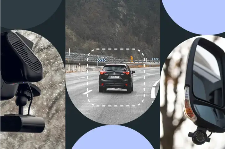 Collage que muestra una cámara retrovisora, vigilancia de carreteras y una cámara para el salpicadero en la cabina.