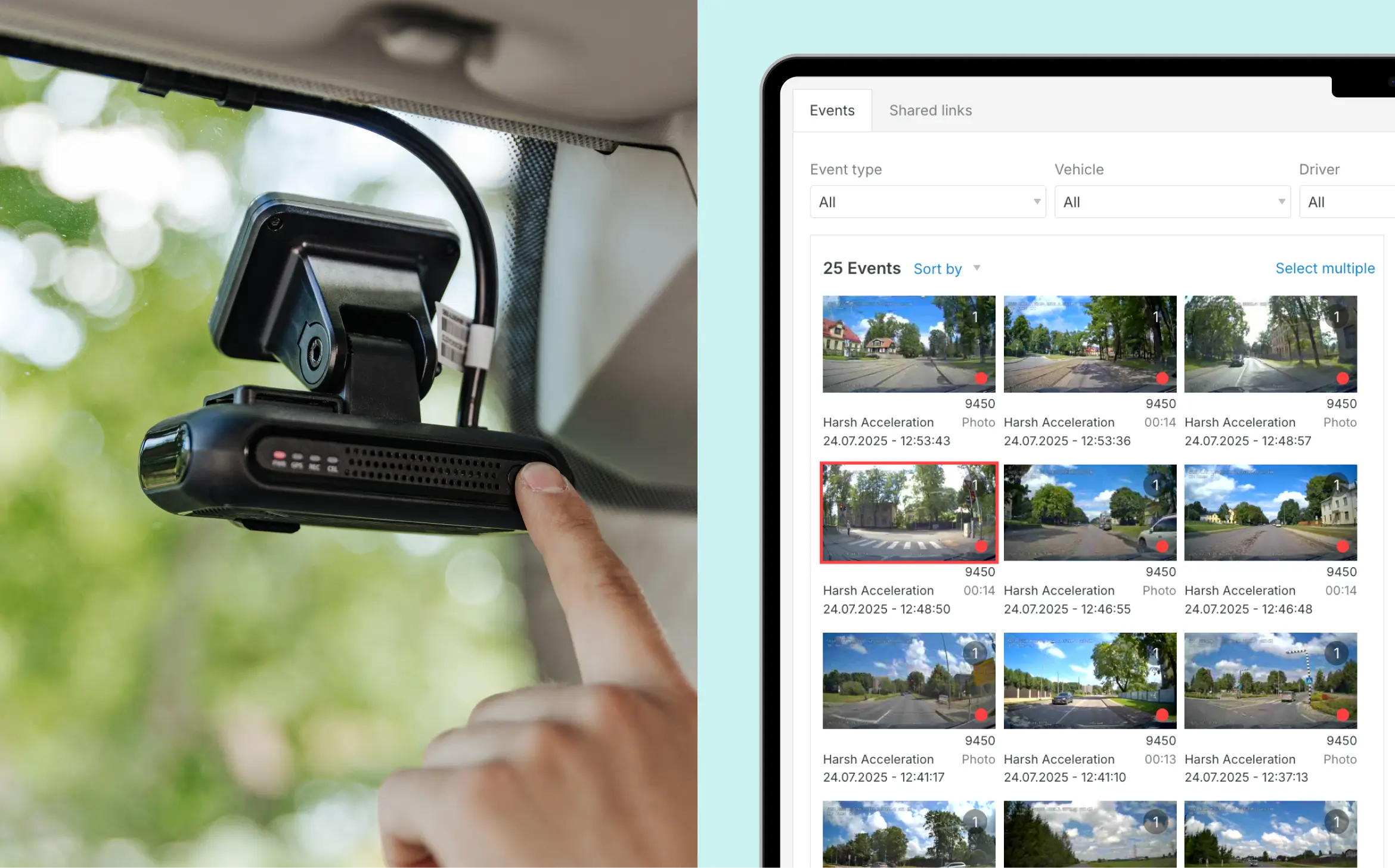 A person pressing a button on a fleet dashcam and a screenshot of the Mapon platform open in the video telematics section.
