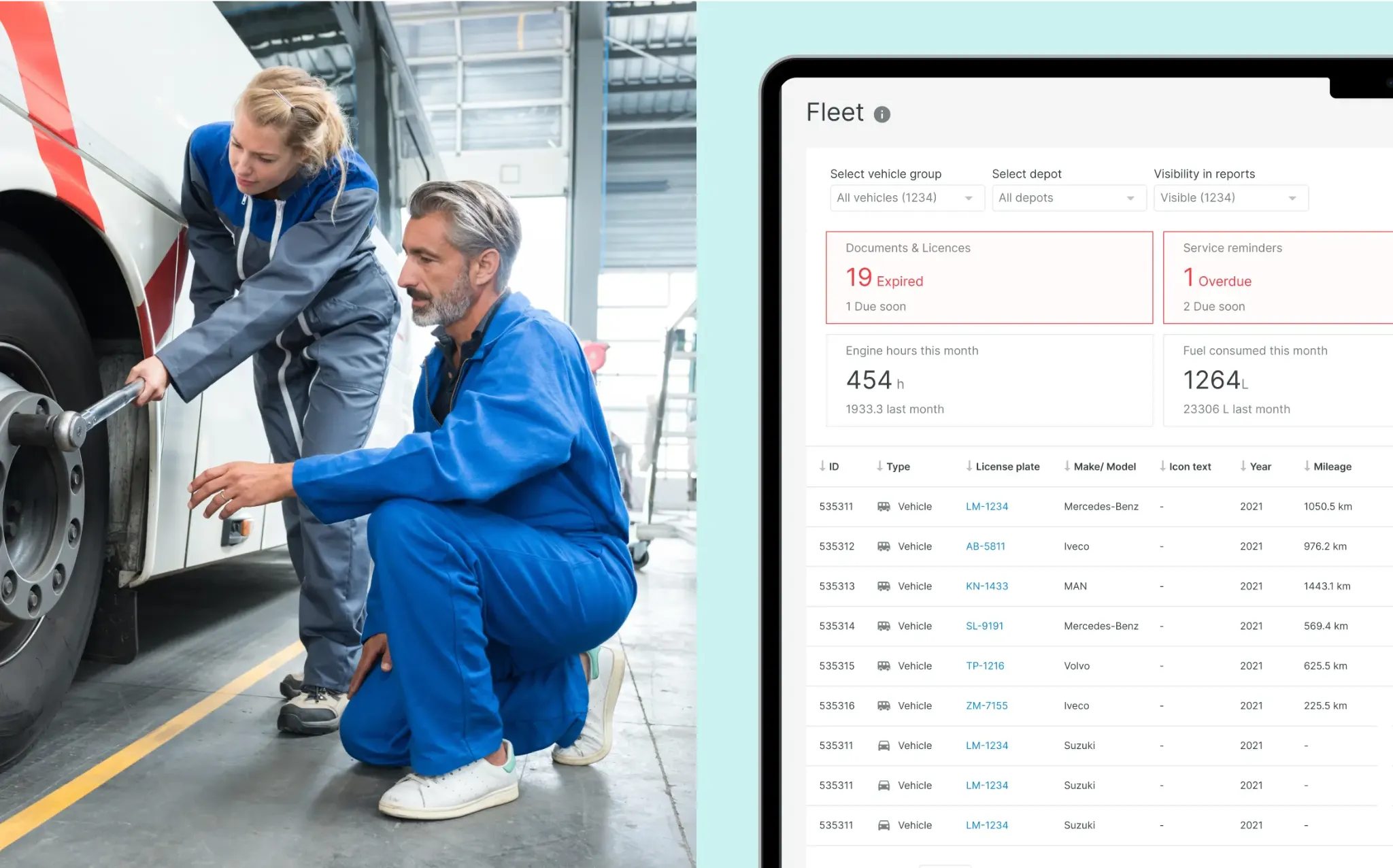 Divi cilvēki izmanto uzgriežņu atslēgu, lai pievilktu transportlīdzekļa riteni, un ekrānuzņēmums ar atvērtu Mapon platformu transportlīdzekļu uzturēšanas sadaļā.