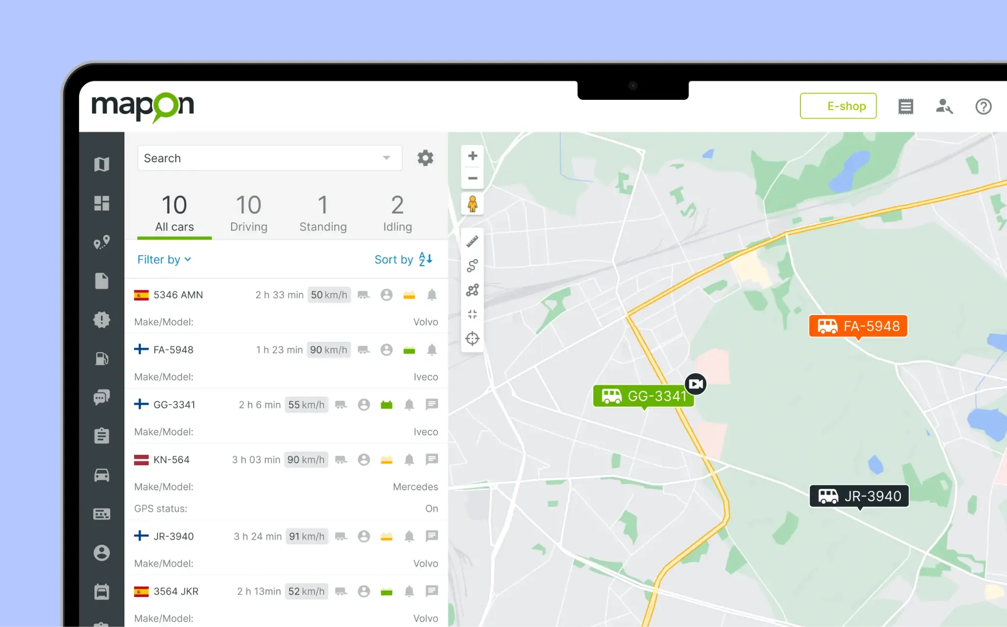 Ekrānuzņēmums no Mapon platformas, atvērta kartes sadaļa, kur redzama transportlīdzekļa GPS atrašanās vieta.