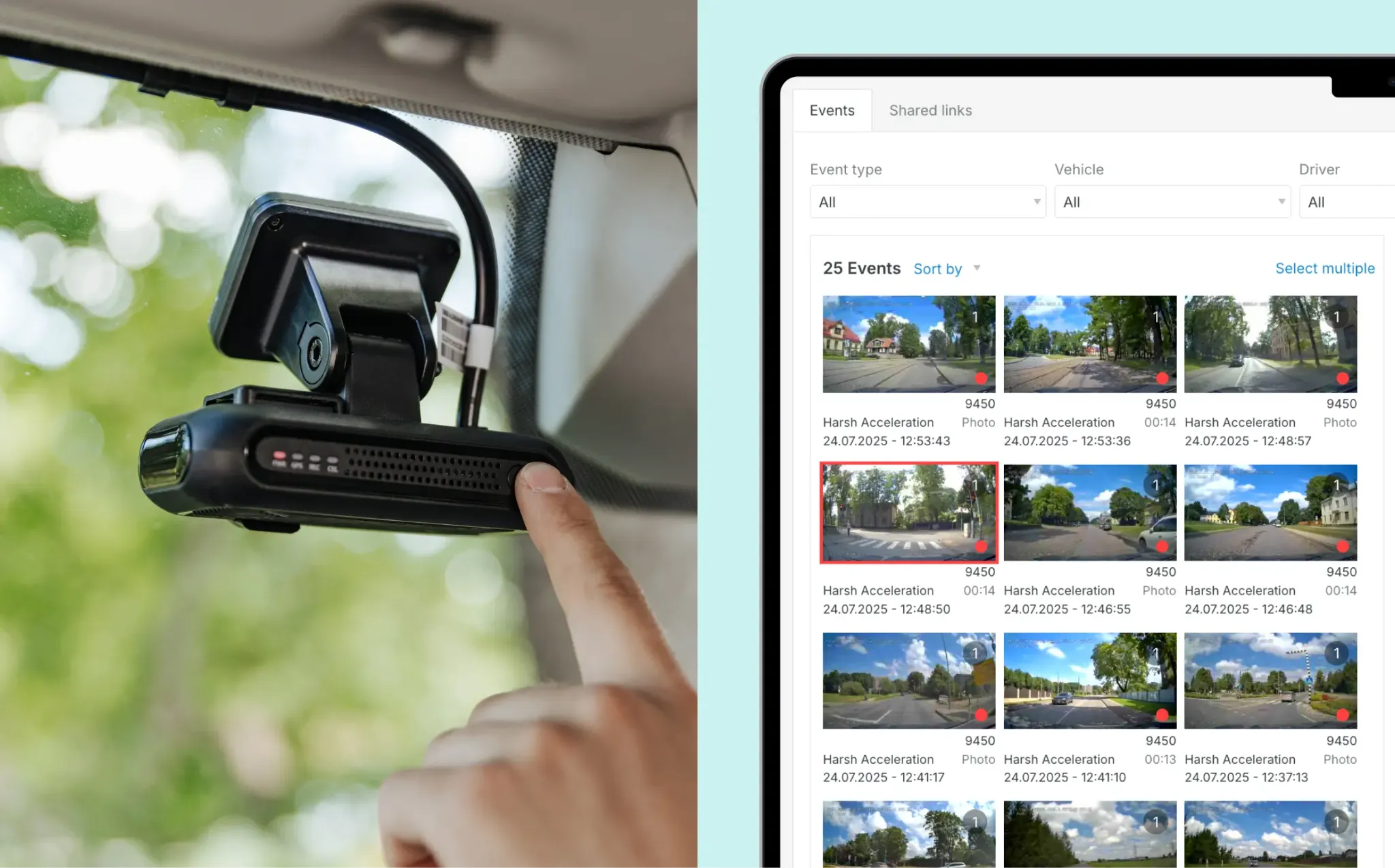 Persona piespiež pogu uz autoparka videoreģistratora un ekrānuzņēmums no Mapon platformas, atvērts video telemātikas sadaļā.