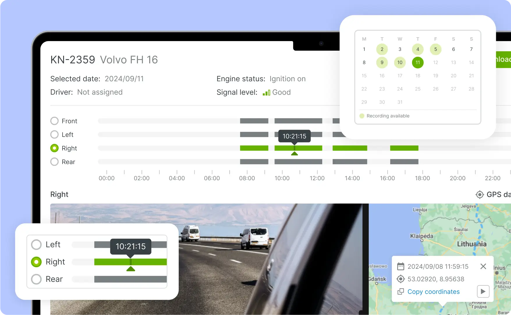 Fleet camera systems interface on the Mapon platform showing precise event timestamps alongside detailed location coordinates.