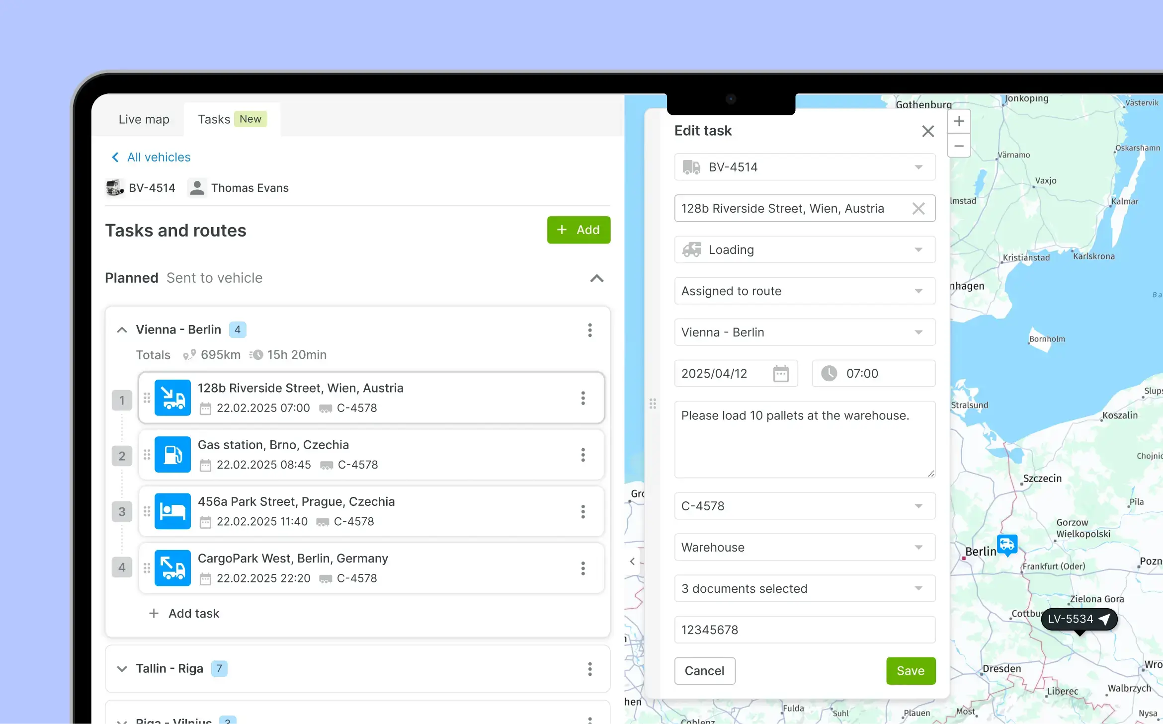 A screenshot of the Mapon platform open in the task editing section. 
