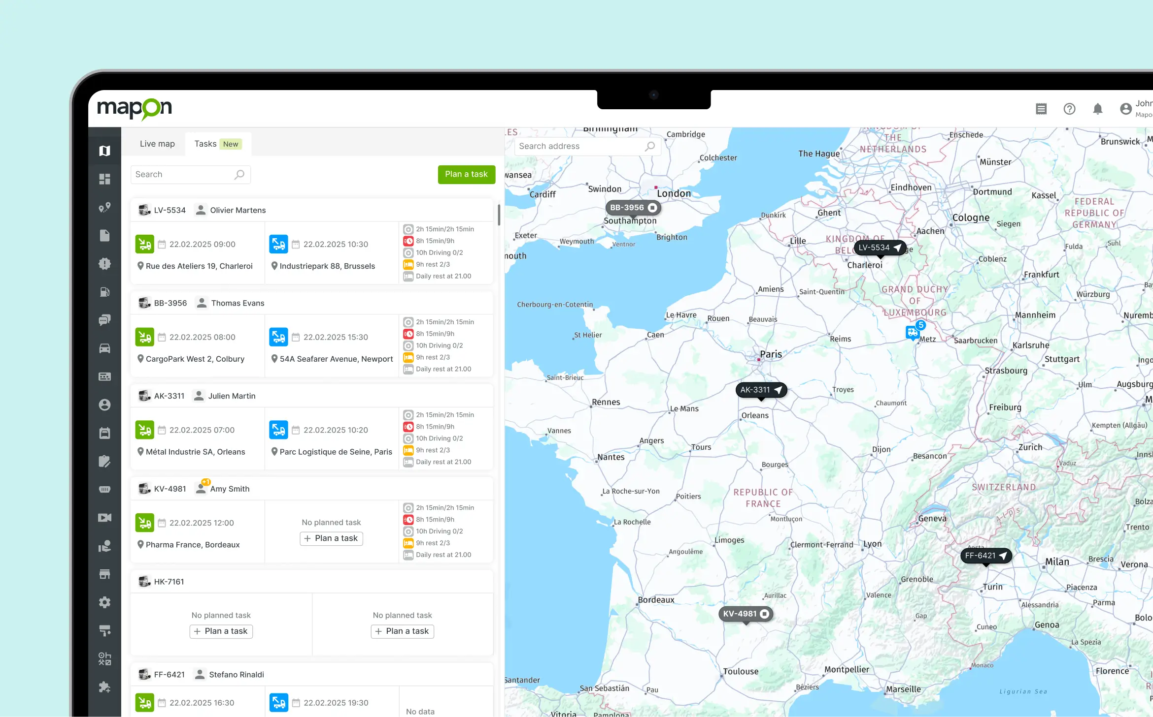A screenshot of the Mapon platform open in the task section with map and planned tasks visible.