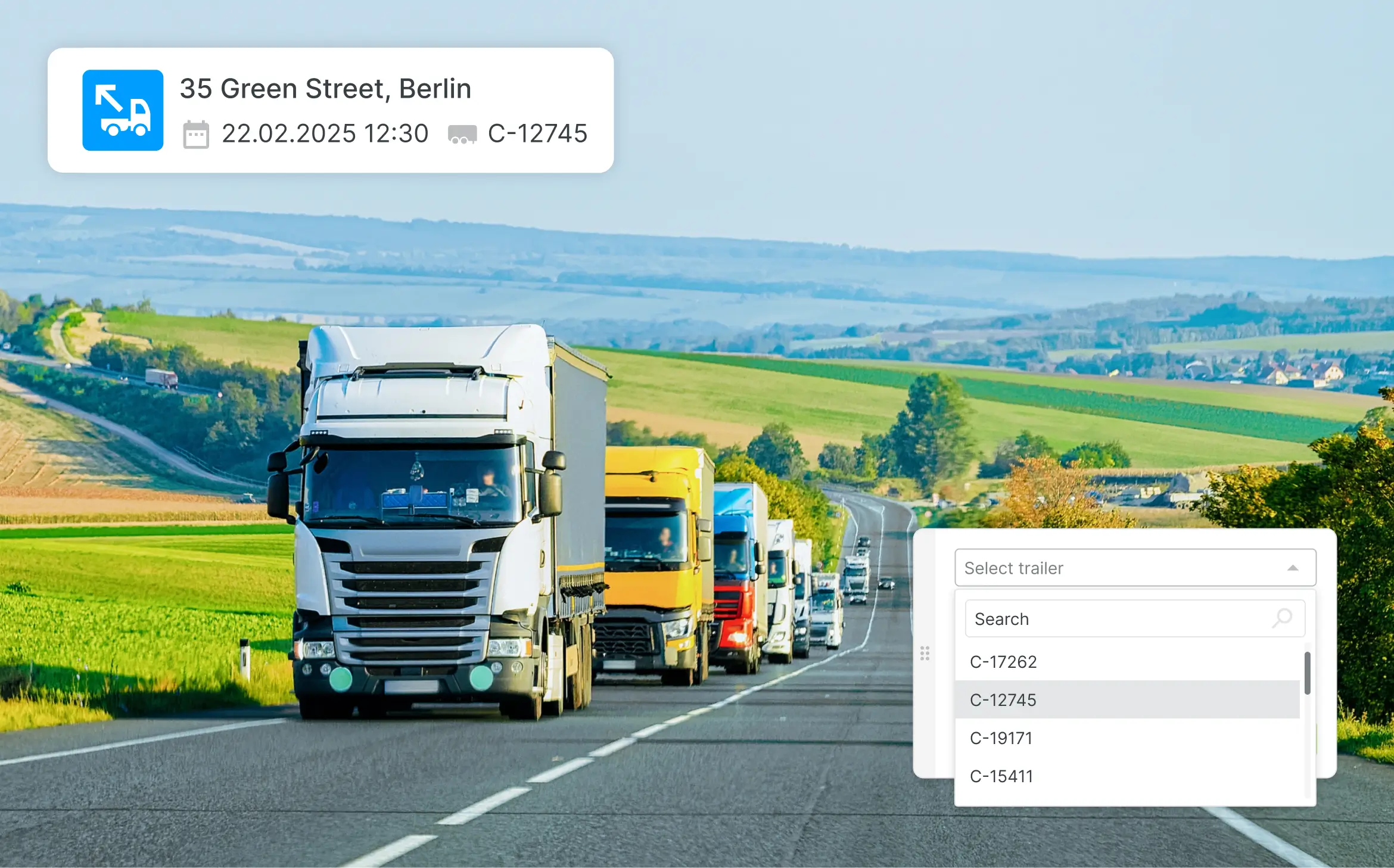 A photo of multiple trucks driving on a road with a screenshot of the trailer selector from the Mapon platform. 