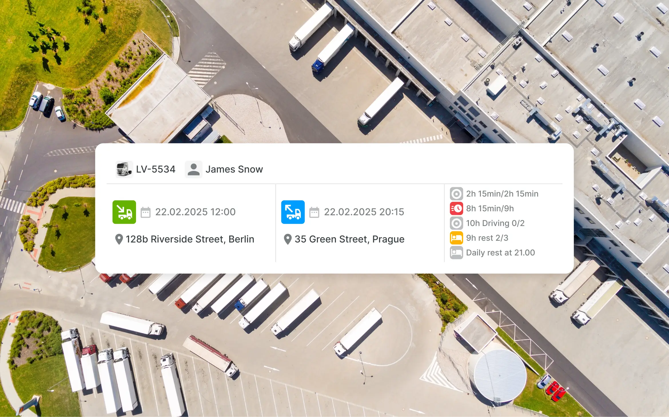 A screenshot from the Mapon platform of the vehicle card including task information and tachograph data.A screenshot from the Mapon platform of the vehicle card including task information and tachograph data.