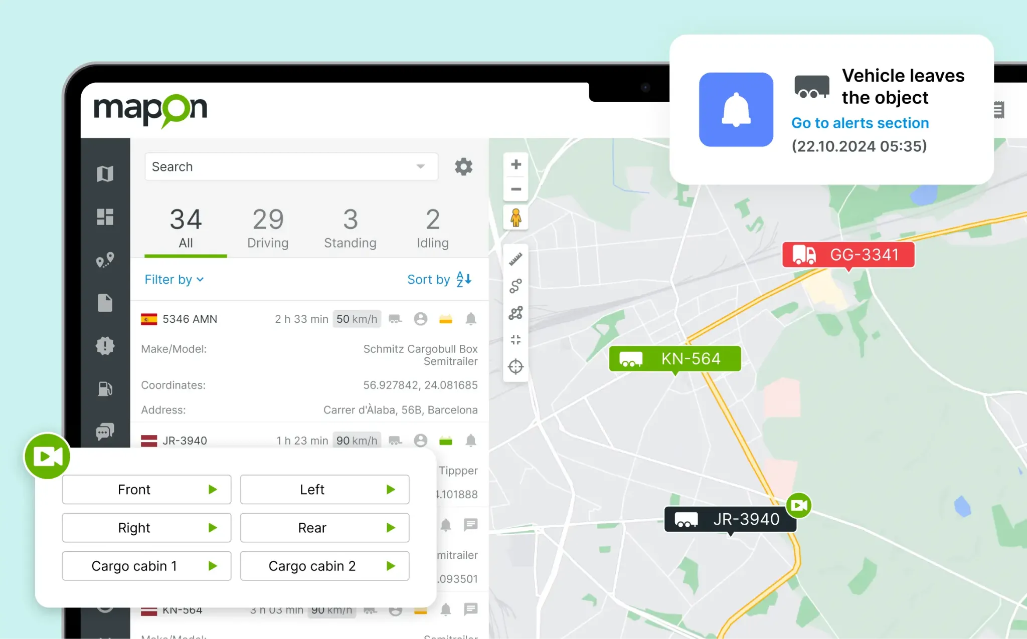 Перегляд живої карти на платформі Mapon з розташуванням декількох причепів.