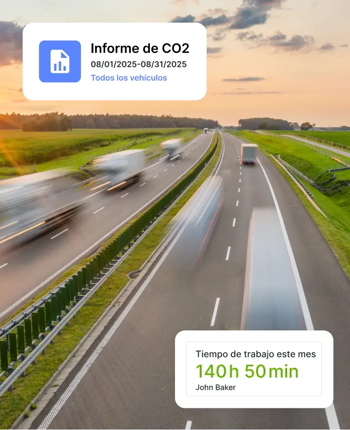 Informes de emisiones de CO2 y tiempo de trabajo de los conductores generados por el software de gestión de flotas de Mapon, ayudando a las empresas a monitorizar la sostenibilidad y eficiencia.