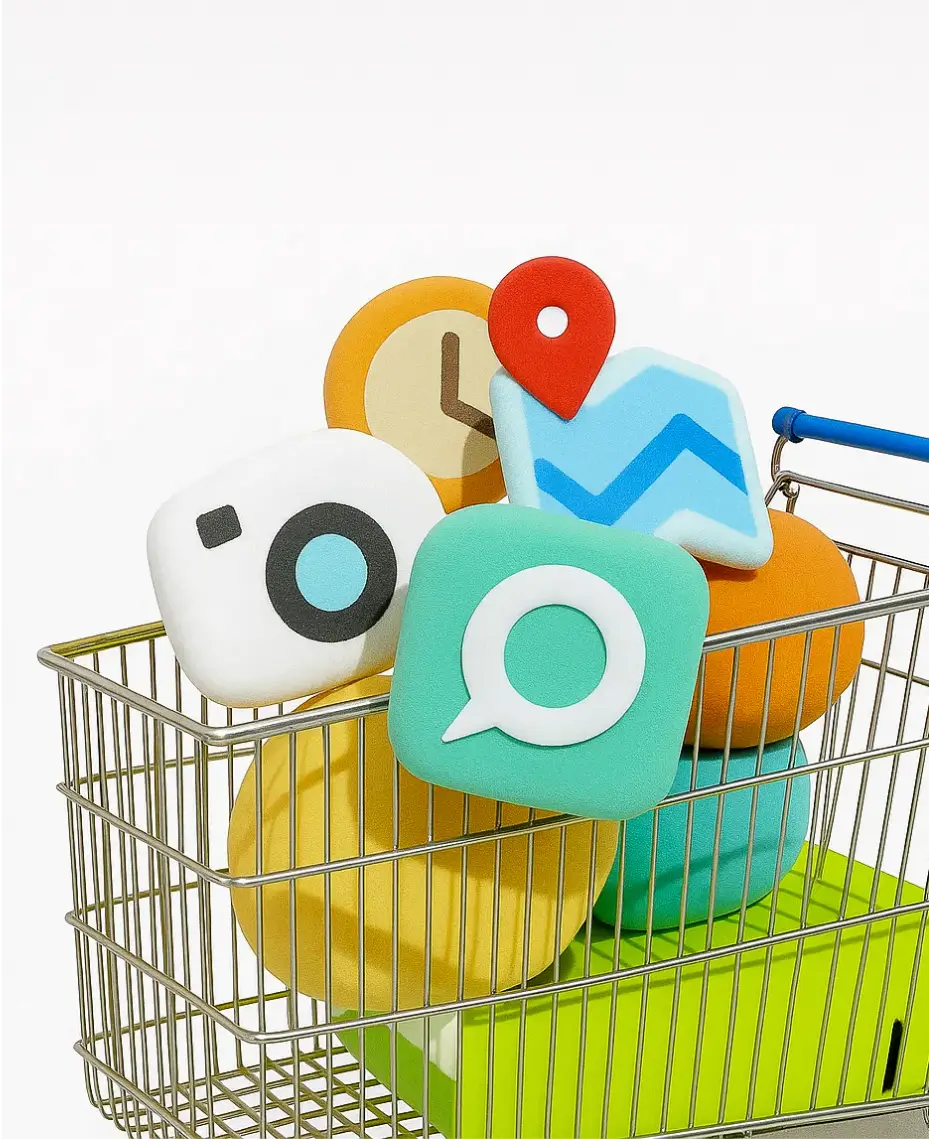 Iconos que representan funciones y complementos disponibles en el mercado de software de gestión de flotas de Mapon para una funcionalidad ampliada.