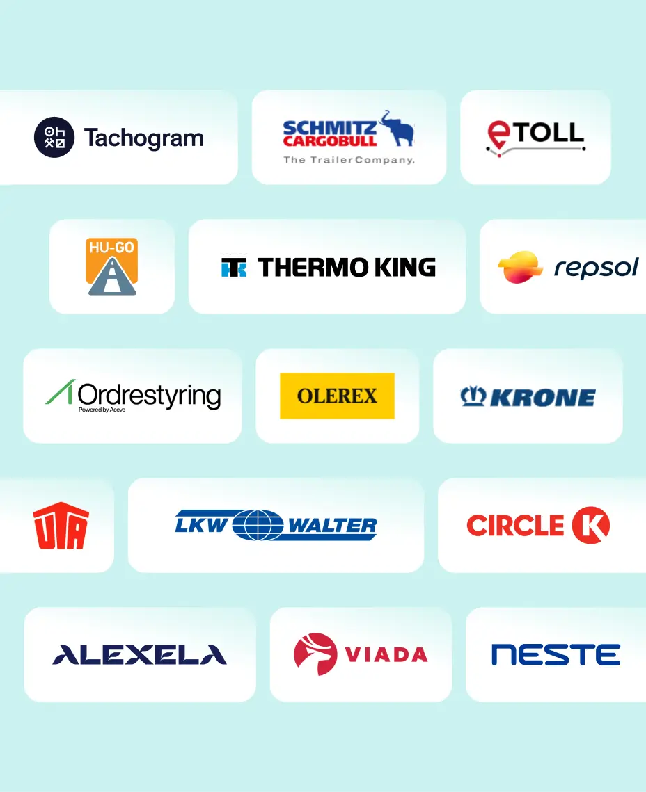 Logos de las integraciones del software de gestión de flotas de Mapon, incluyendo proveedores de combustible, socios logísticos y sistemas de telemática.