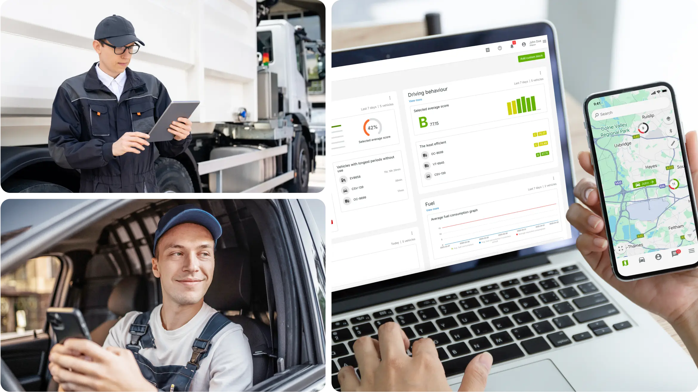 Los gestores de flotas y conductores utilizan el software de gestión de flotas de Mapon en tabletas, teléfonos inteligentes y portátiles para monitorear rutas, comportamiento de conducción y estado del vehículo en tiempo real.