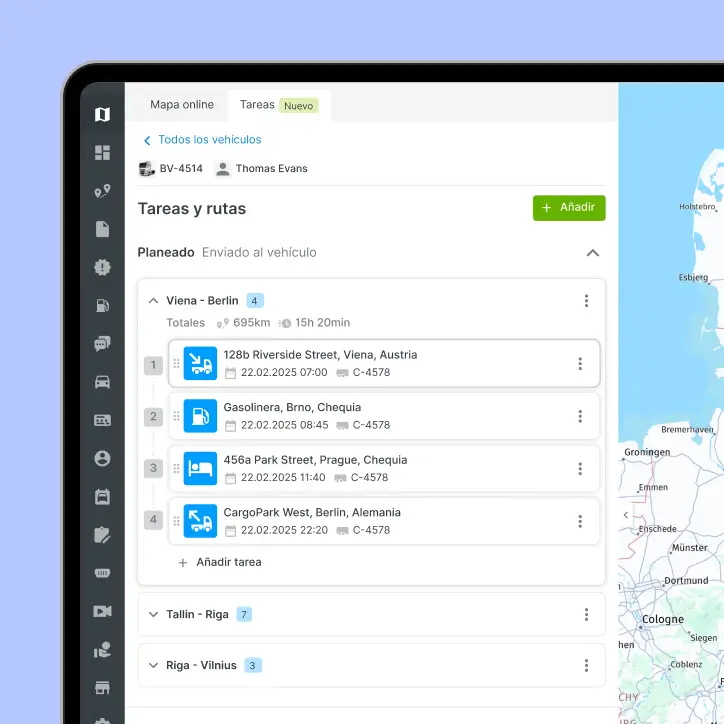 Módulo de tareas y rutas dentro de la plataforma de gestión de flotas de Mapon, mostrando la planificación de rutas con múltiples paradas desde Viena hasta Berlín y más allá.