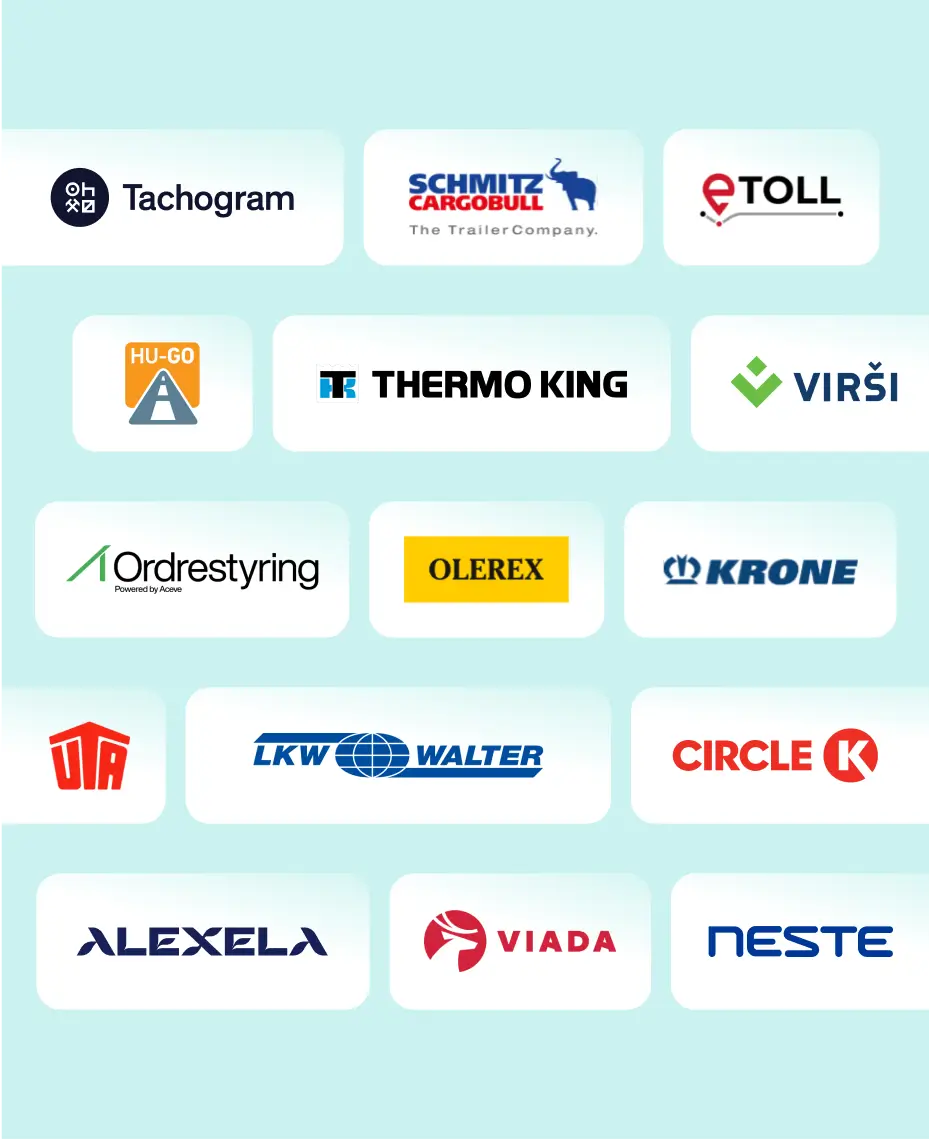 Logoer for Mapon-flådestyringssoftwareintegrationer, herunder brændstofleverandører, logistikpartnere og telematiksystemer.