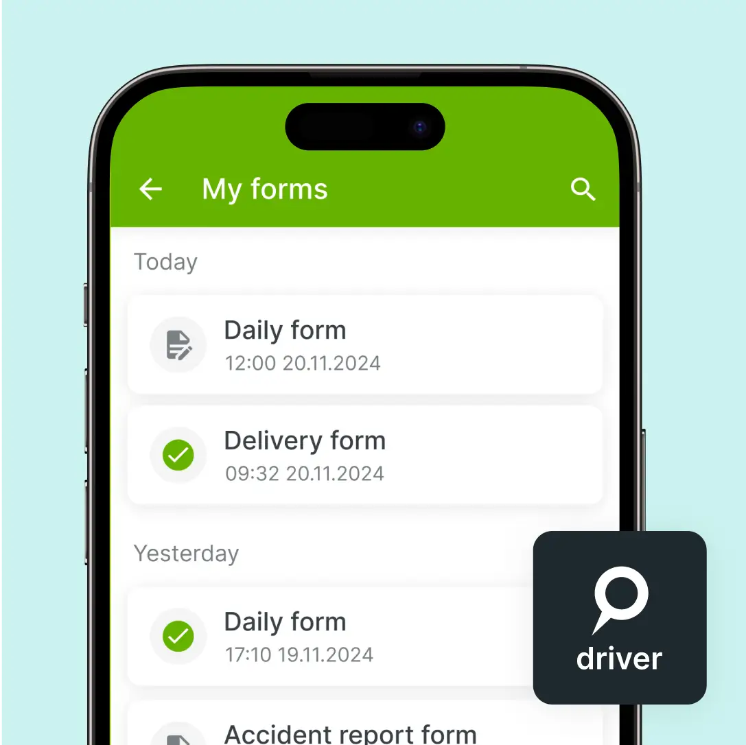 Mobilvisning af Mapon-flådestyrings-softwareformularer, hvor chauffører kan indsende daglige rapporter, leveringsopdateringer og ulykkesformularer direkte fra appen.