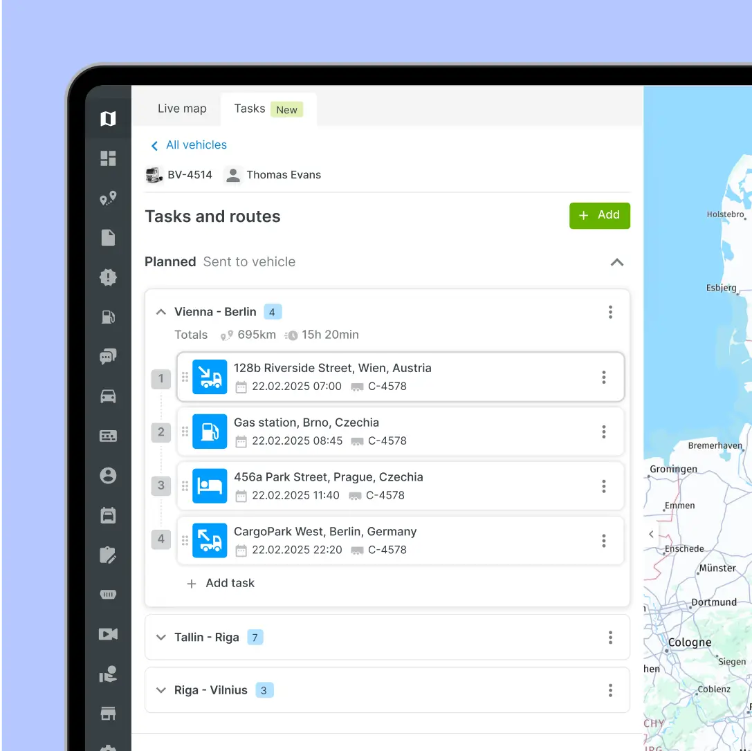 Mapon autopargi haldusplatvormi ülesannete ja marsruutide moodul, mis kuvab mitme peatusega marsruudi planeerimist Viinist Berliini ja kaugemale.