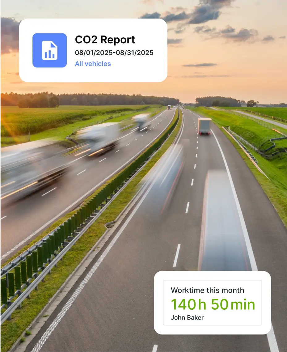 CO2-utsläpp och förarrapporter om arbetstid genererade av Mapons fleet management-programvara, hjälper företag att övervaka hållbarhet och effektivitet.