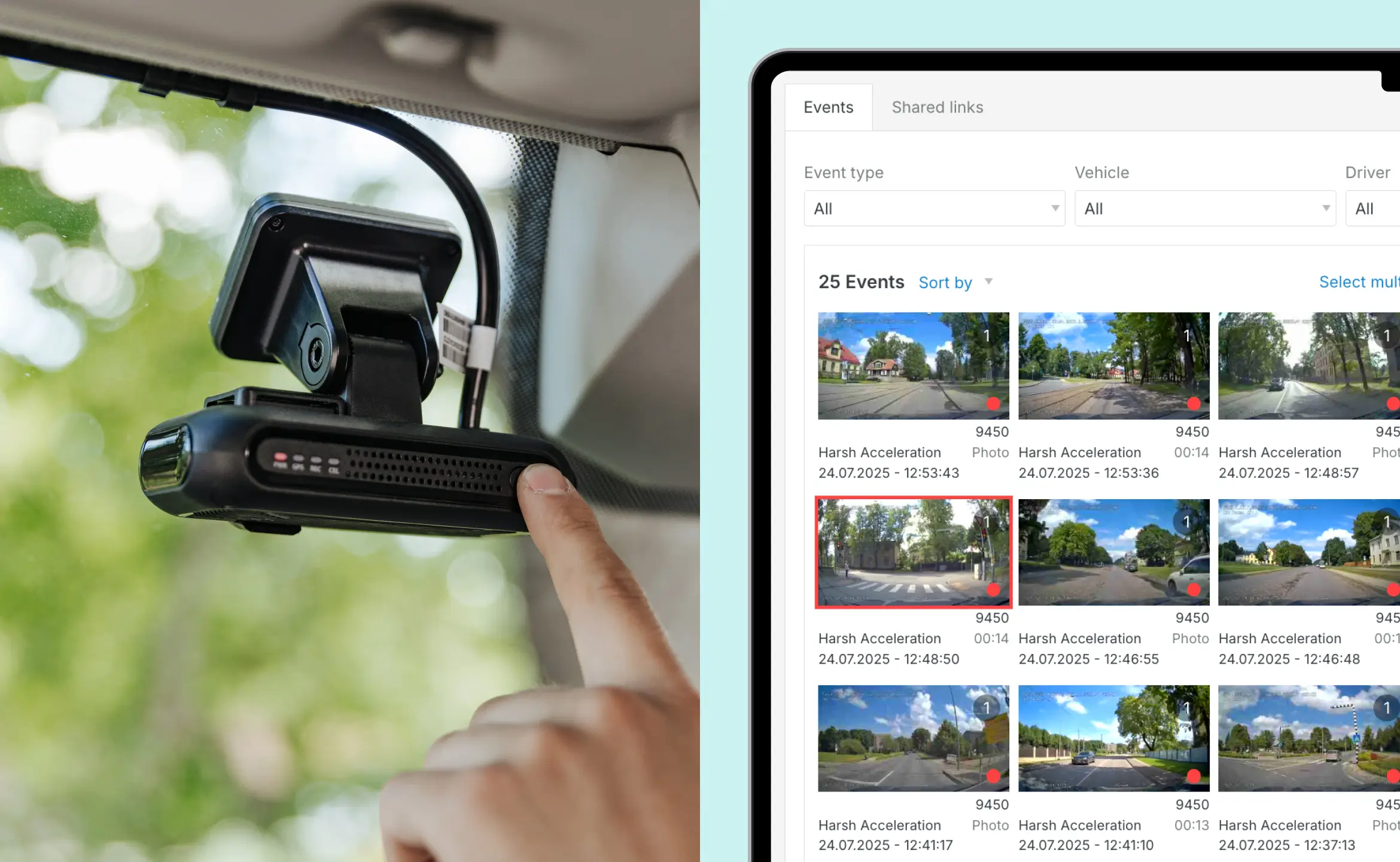 Priekšējais videoreģistrators vienā pusē un otrā pusē Mapon platformas videoierakstu sadaļa.