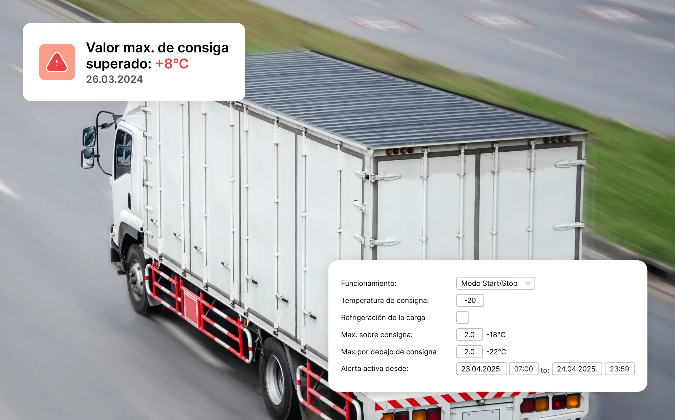 Camión en la carretera con una superposición que muestra los ajustes de temperatura de la carga y una alerta de punto de ajuste máximo.