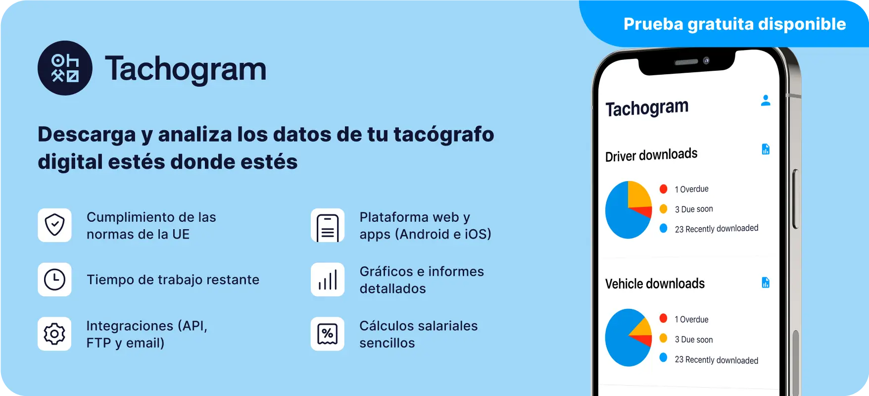 Banner de la aplicación Tachogram que muestra las funciones de descarga remota de tacógrafo, herramientas de cumplimiento y ahorros para conductores.