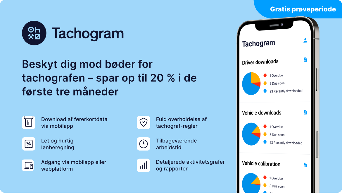 Tachogram app-banner viser funktioner til fjern-download af tachograf, overholdelsesværktøjer og besparelser for chauffører.