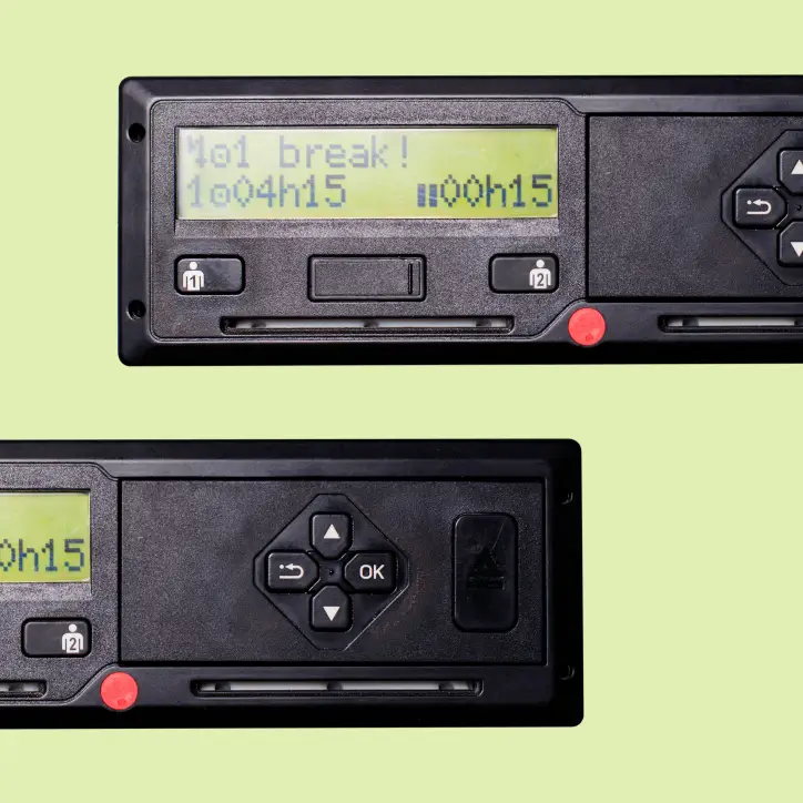 Digital tachographs used for recording driver activity and remote data downloads in commercial vehicles.