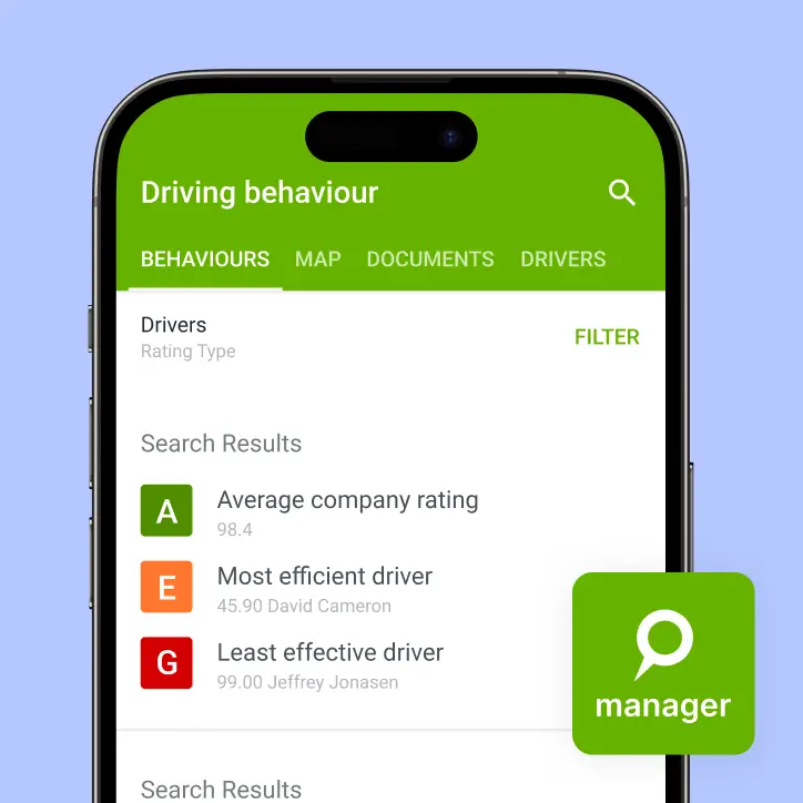 Fleet manager’s mobile view of Mapon driving behaviour dashboard showing driver efficiency ratings and company average score.