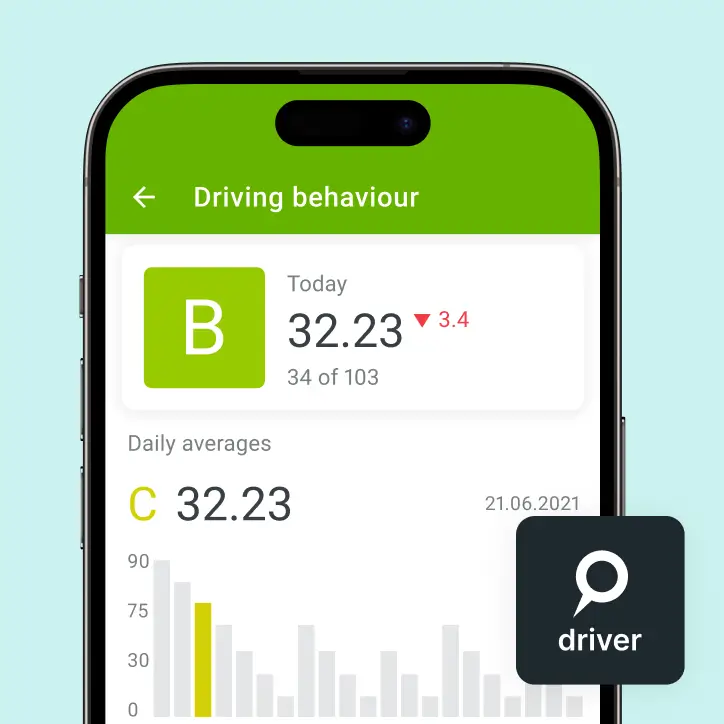 Smarttelefonskärm med Mapon Driver App som visar körbetyg och dagliga genomsnitt för uppföljning av körstil och prestanda.